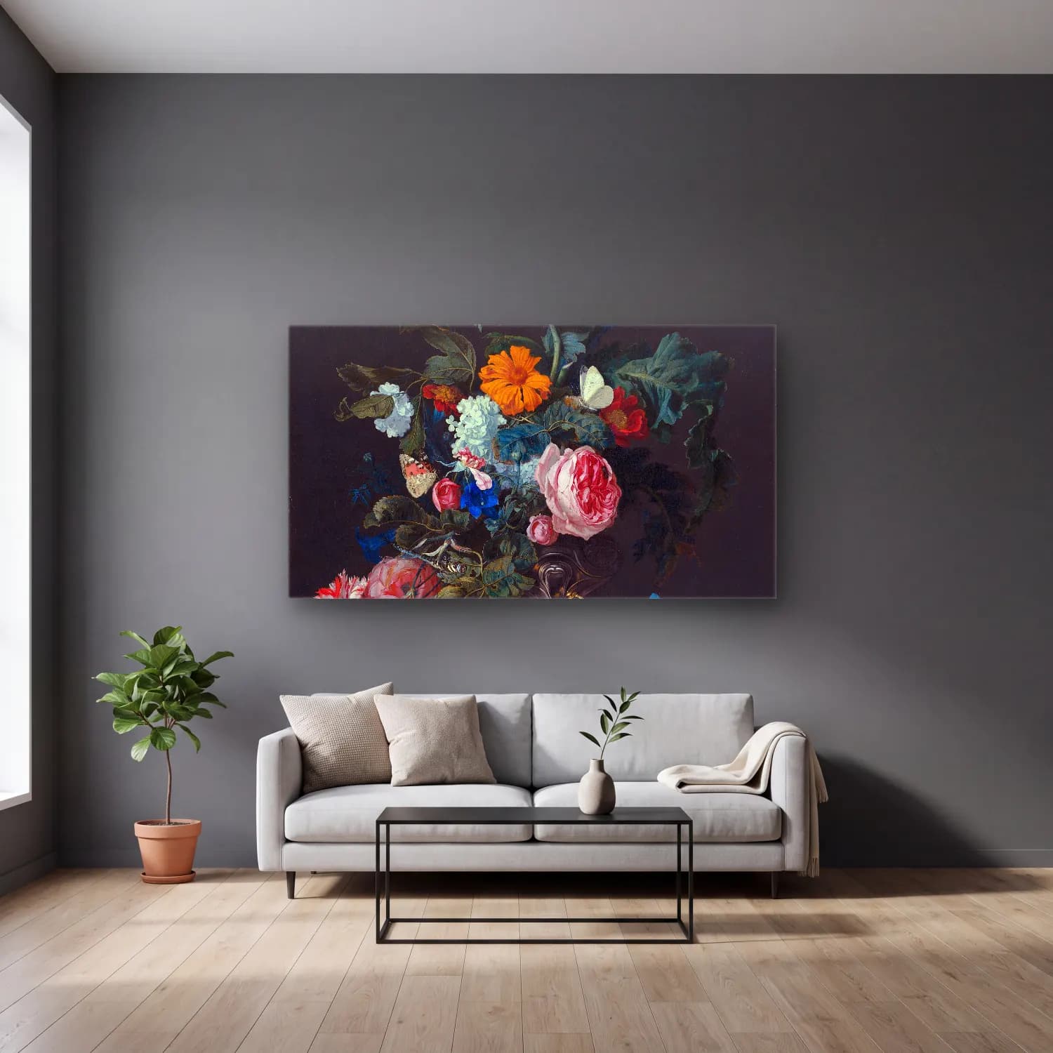 Willem van Aelst – Flower Still Life with a Timepiece cam tablo — gri duvarlı salonda
