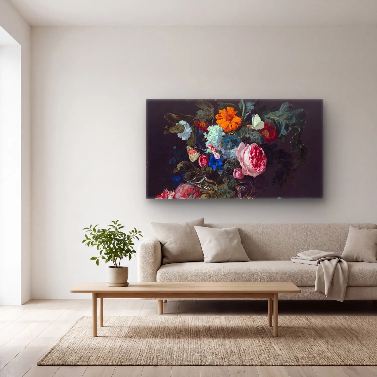 Willem van Aelst – Flower Still Life with a Timepiece cam tablo — açık renk salonda