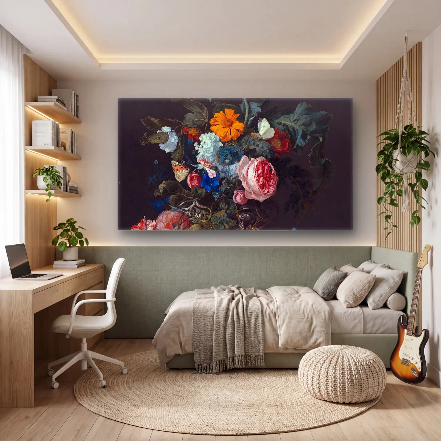 Willem van Aelst – Flower Still Life with a Timepiece cam tablo — genç odasında