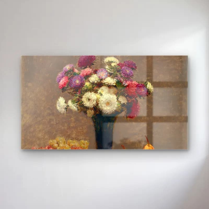 Henri Fantin-Latour – Asters and Fruit on a Table cam tablo — Henri Fantin-Latour – Asters and Fruit on a Table — empresyonist vazoda çiçek buketi