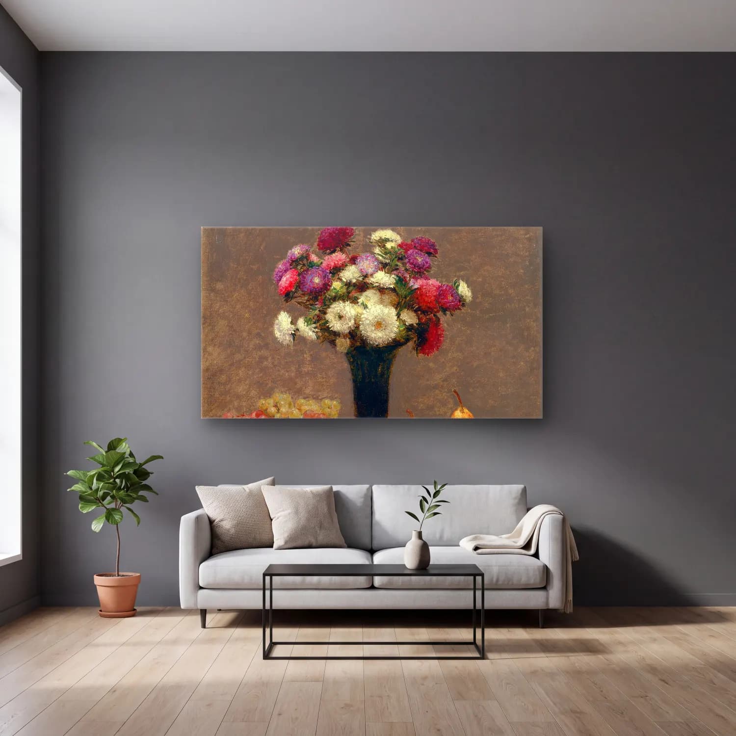 Henri Fantin-Latour – Asters and Fruit on a Table cam tablo — gri duvarlı salonda