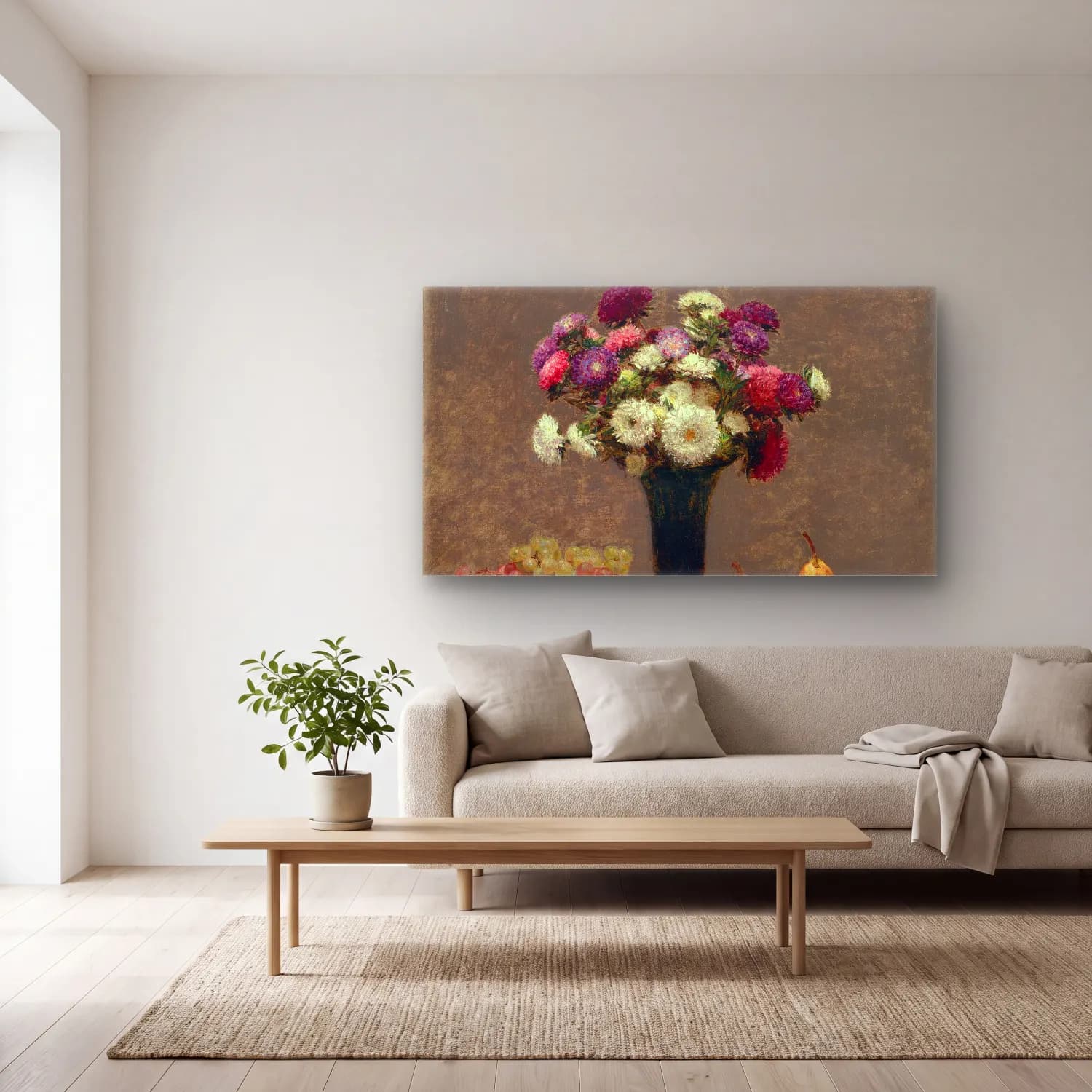 Henri Fantin-Latour – Asters and Fruit on a Table cam tablo — açık renk salonda