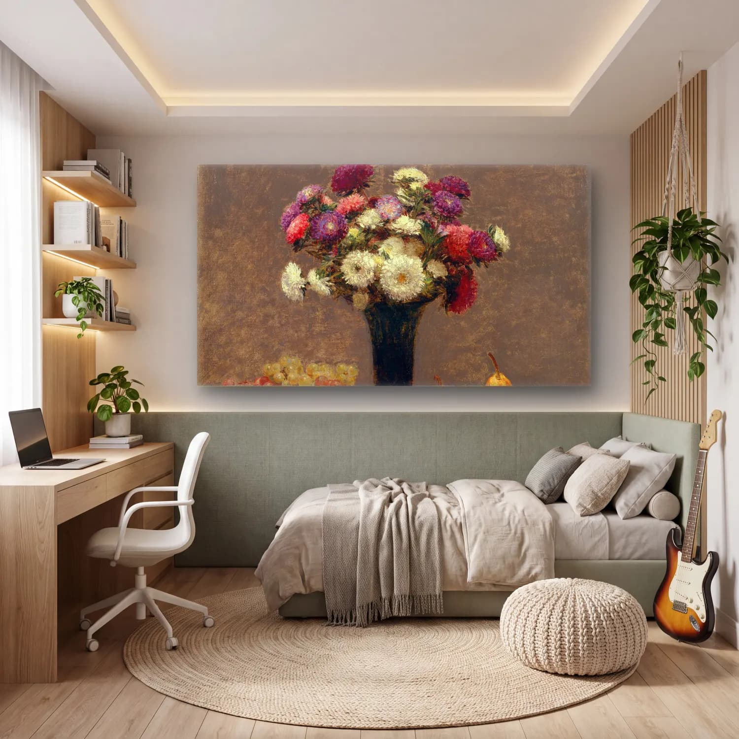 Henri Fantin-Latour – Asters and Fruit on a Table cam tablo — genç odasında