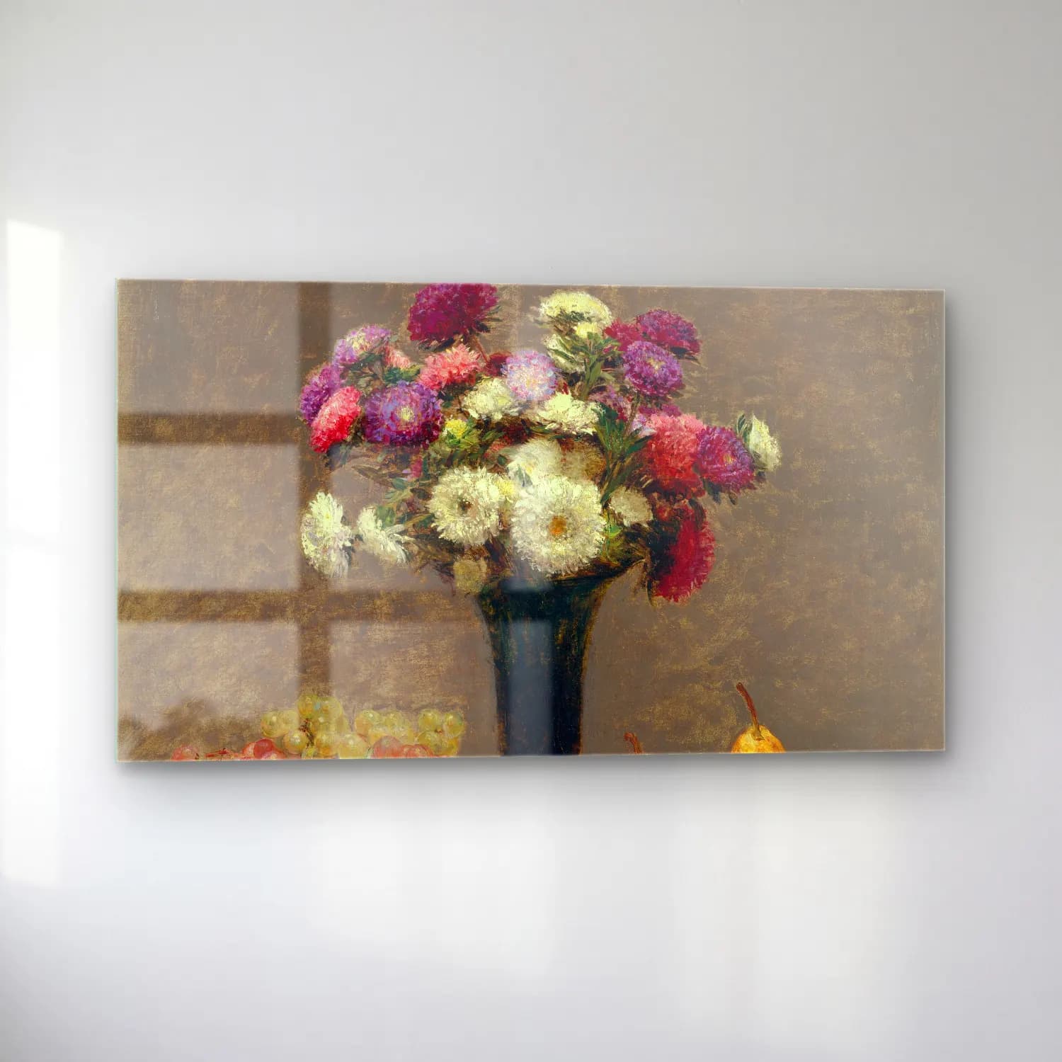 Henri Fantin-Latour – Asters and Fruit on a Table cam tablo — sol açıdan görünüm