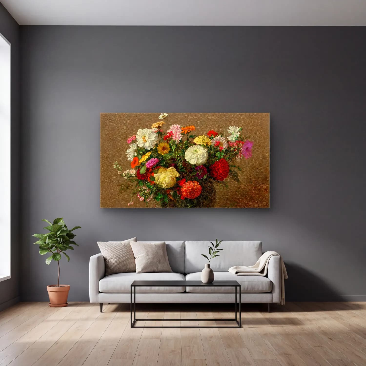 Henri Fantin-Latour – Bouquet de jardin cam tablo — gri duvarlı salonda