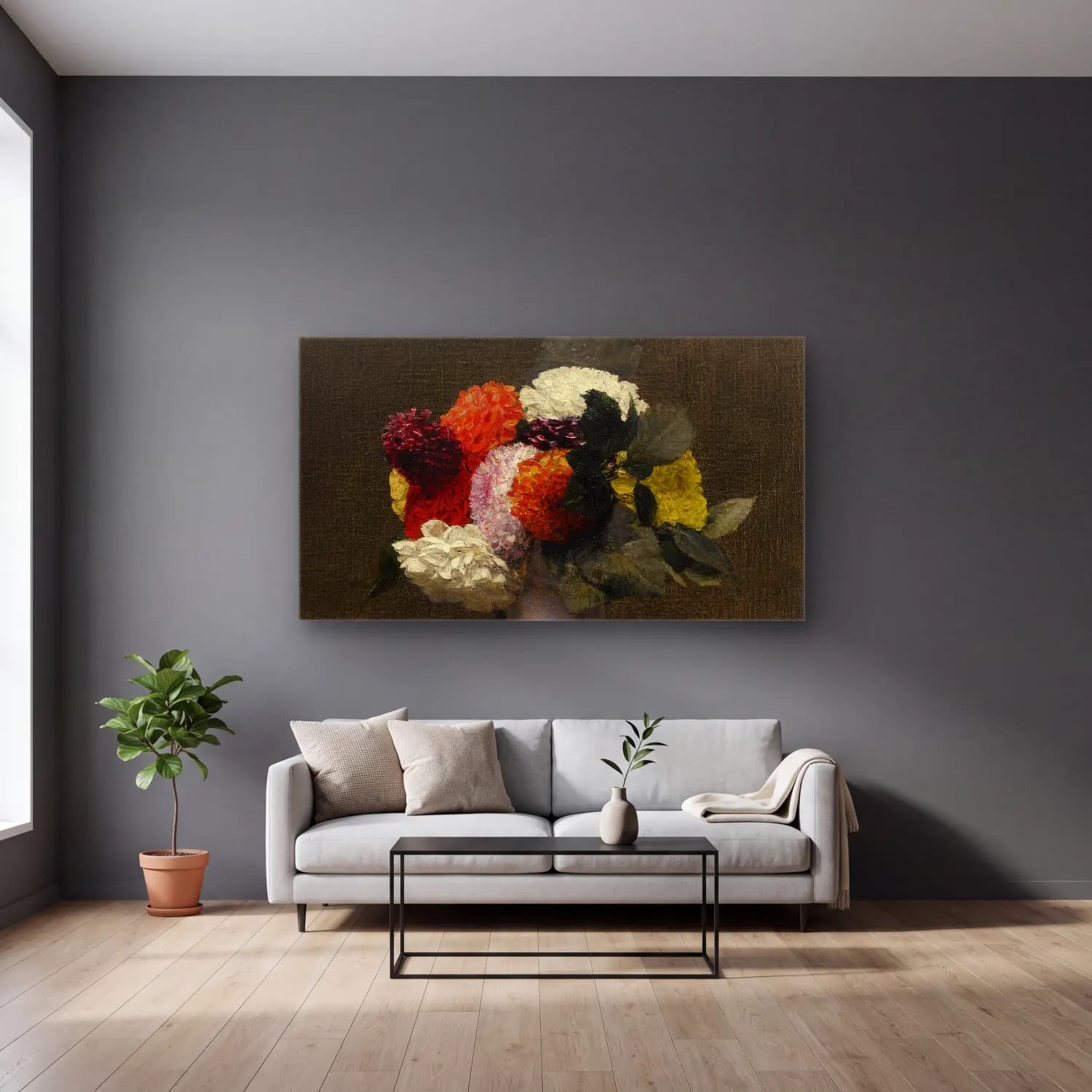 Henri Fantin-Latour – Dahlias cam tablo — gri duvarlı salonda
