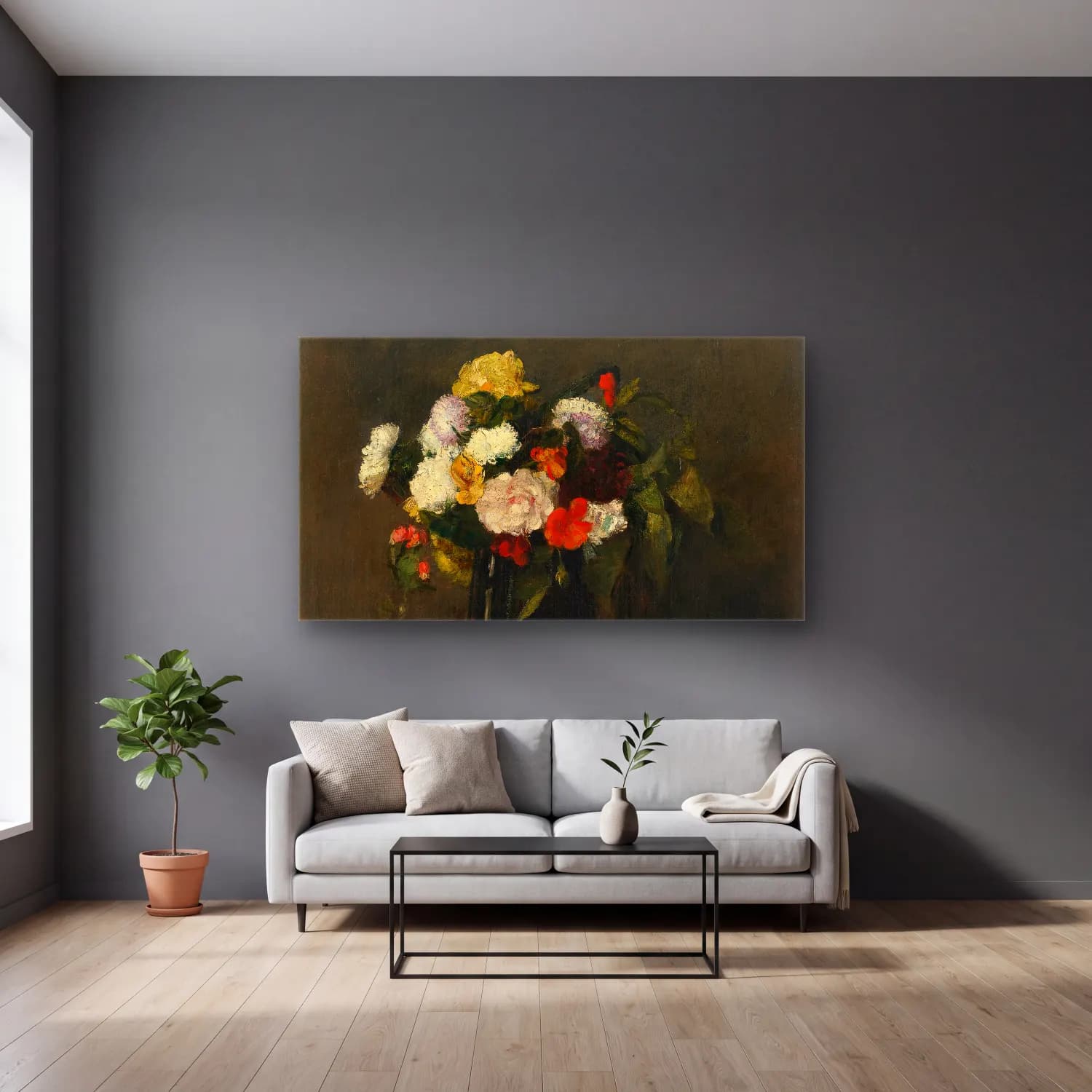 Henri Fantin-Latour – Fleurs cam tablo — gri duvarlı salonda