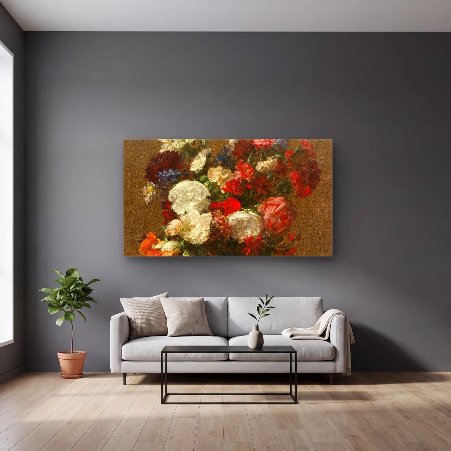 Henri Fantin-Latour – Fleurs Diverses cam tablo — gri duvarlı salonda