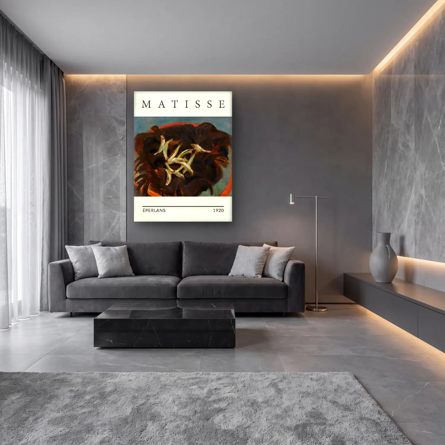 Modern Soyut Balık cam tablo — lüks salon duvarında