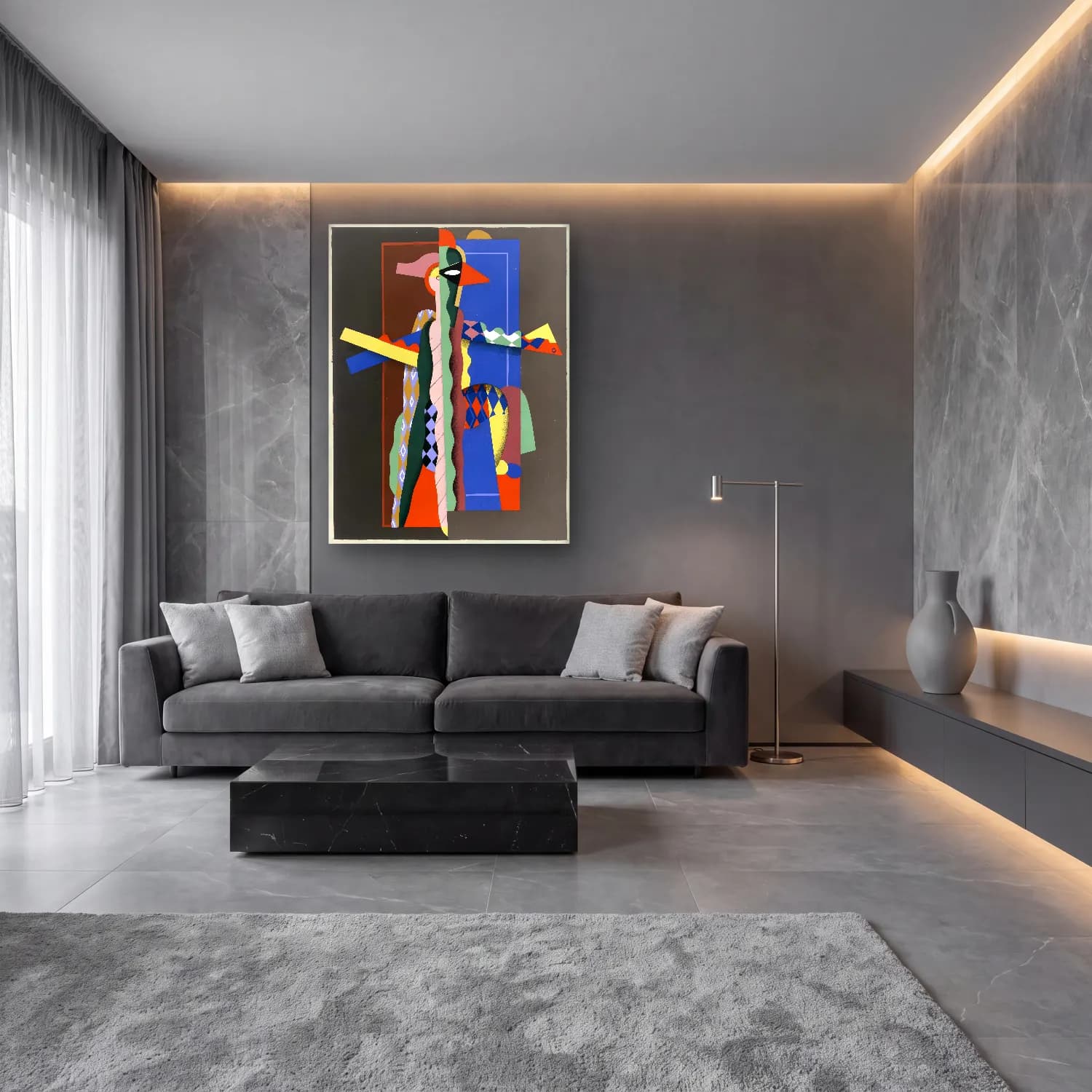 Modern Soyut Yüz No. 4 cam tablo — lüks salon duvarında