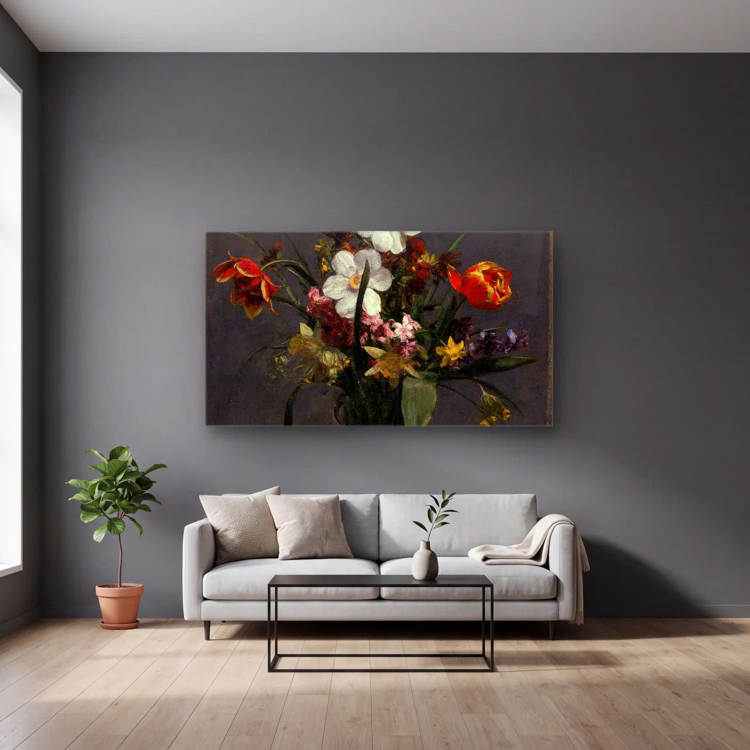 Henri Fantin-Latour – Fleurs de printemps cam tablo — gri duvarlı salonda