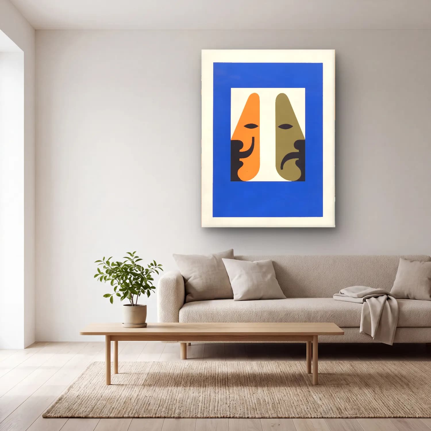 Vintage Poster Soyut Yüz – Mavi Tonlar cam tablo — açık renk salonda