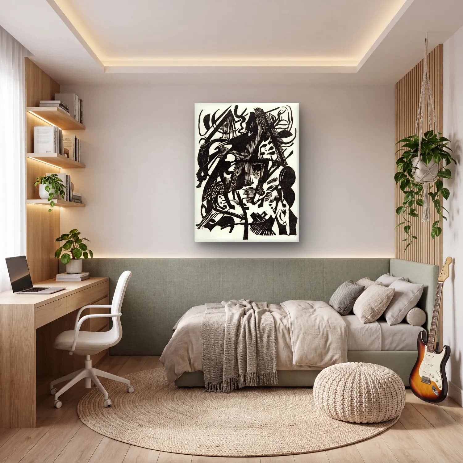 Siyah Beyaz Mitolojik Sahne No. 3 cam tablo — genç odasında