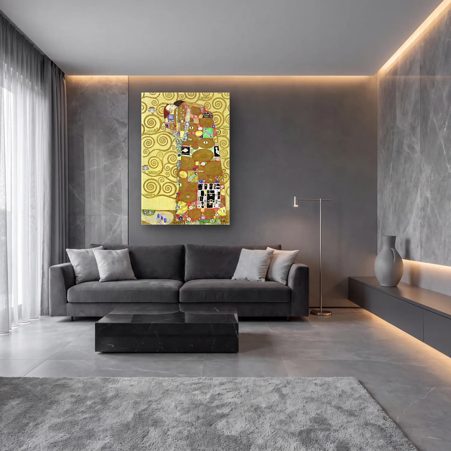 Modern Soyut Altın Doku No. 3 cam tablo — lüks salon duvarında