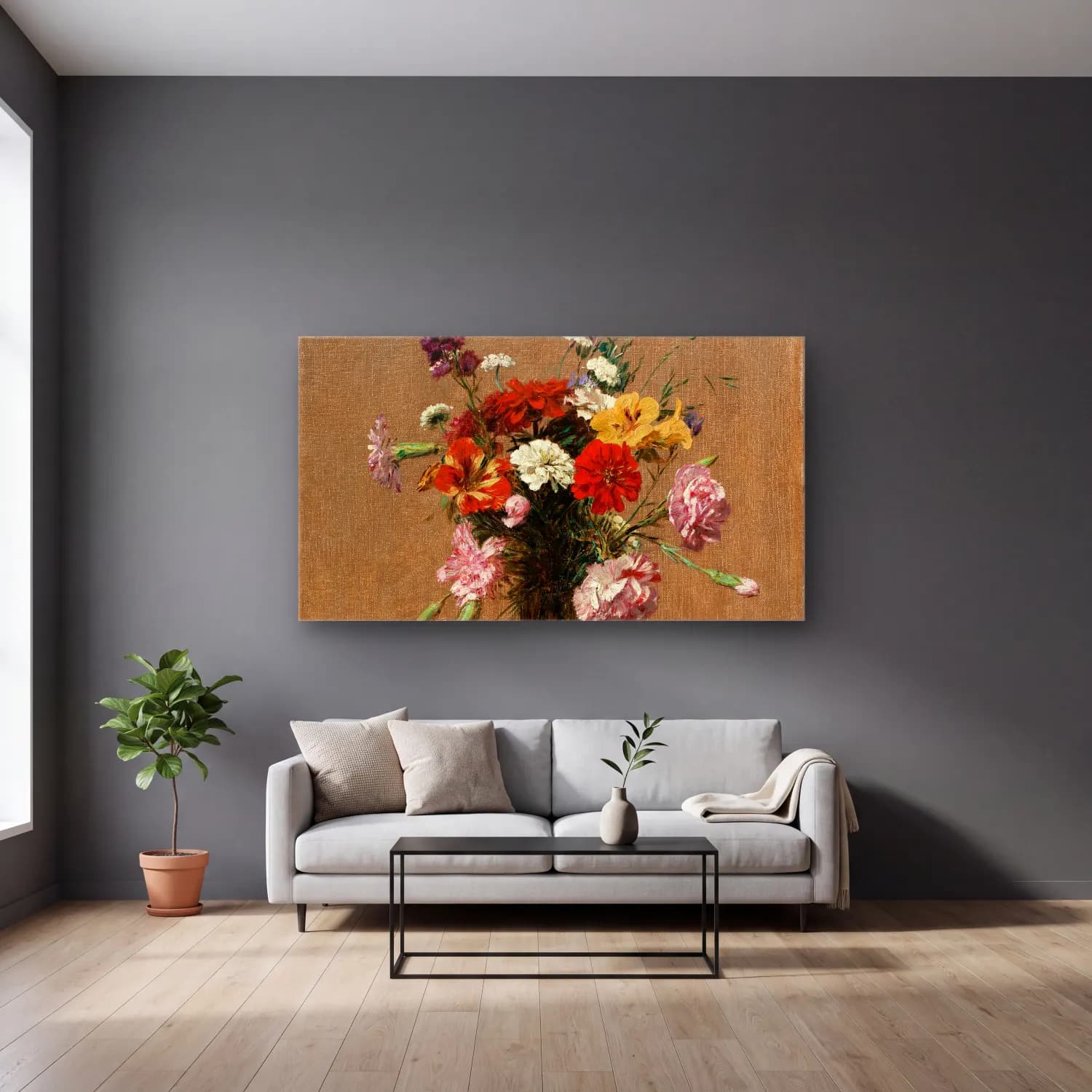 Henri Fantin-Latour – Fleurs diverses dans un vase cam tablo — gri duvarlı salonda