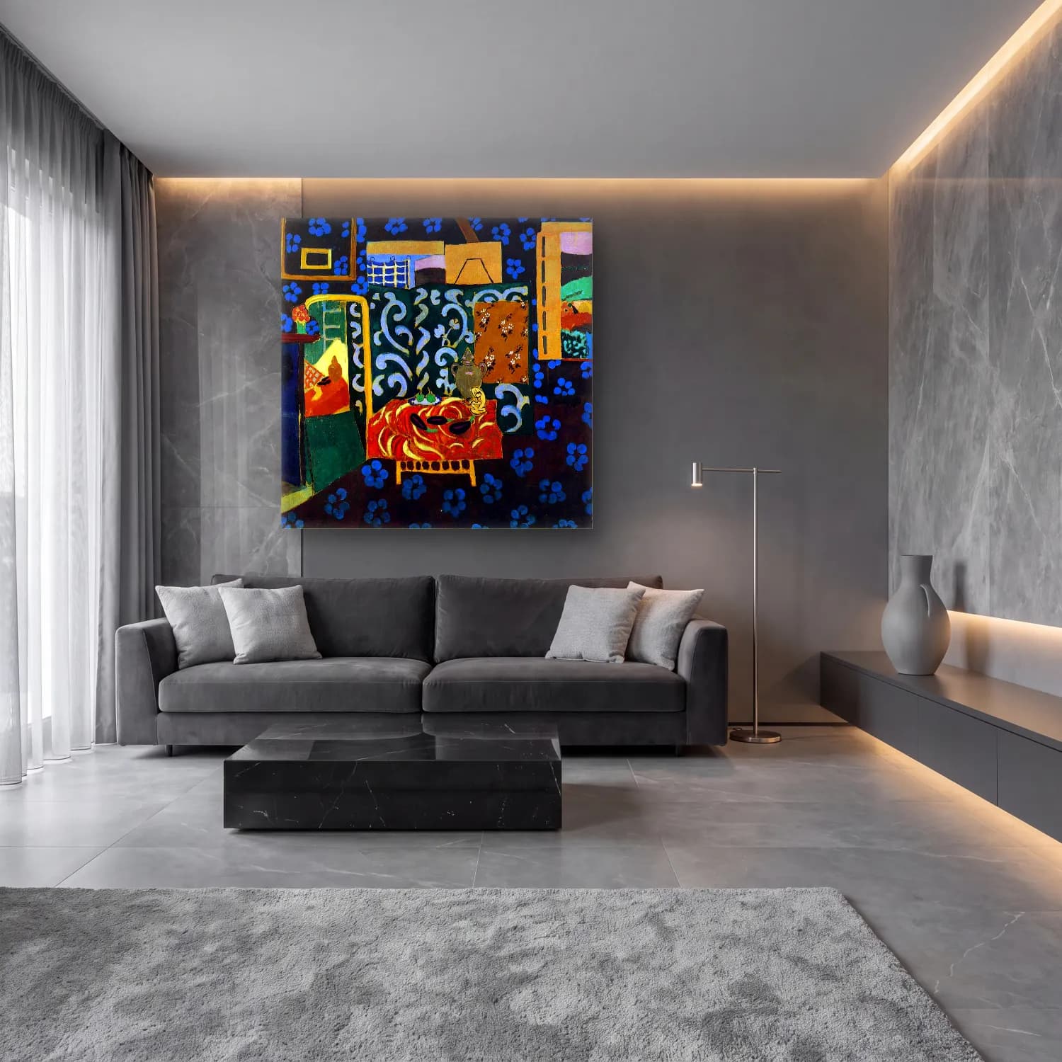 Modern Soyut Vintage İç Mekân cam tablo — lüks salon duvarında