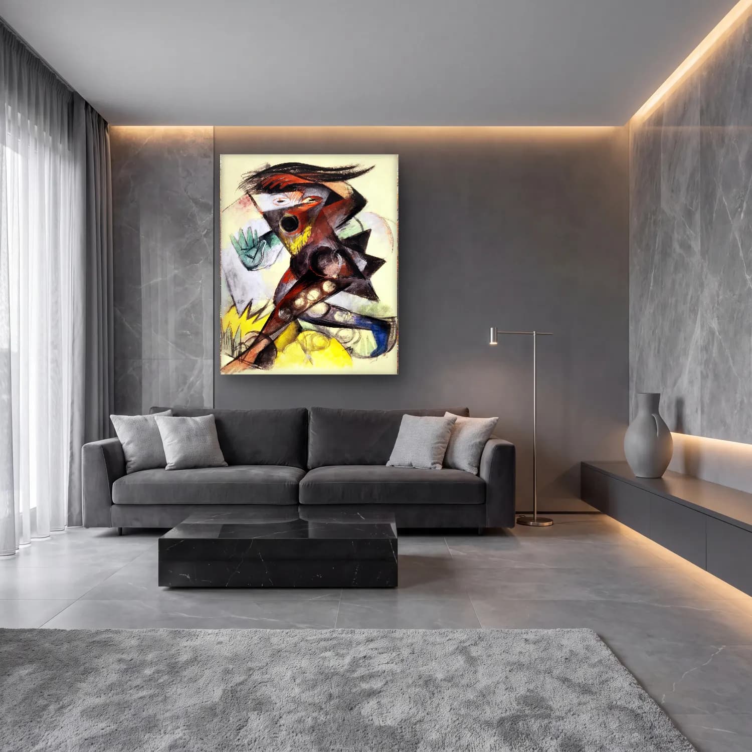 Modern Soyut Yüz No. 5 cam tablo — lüks salon duvarında
