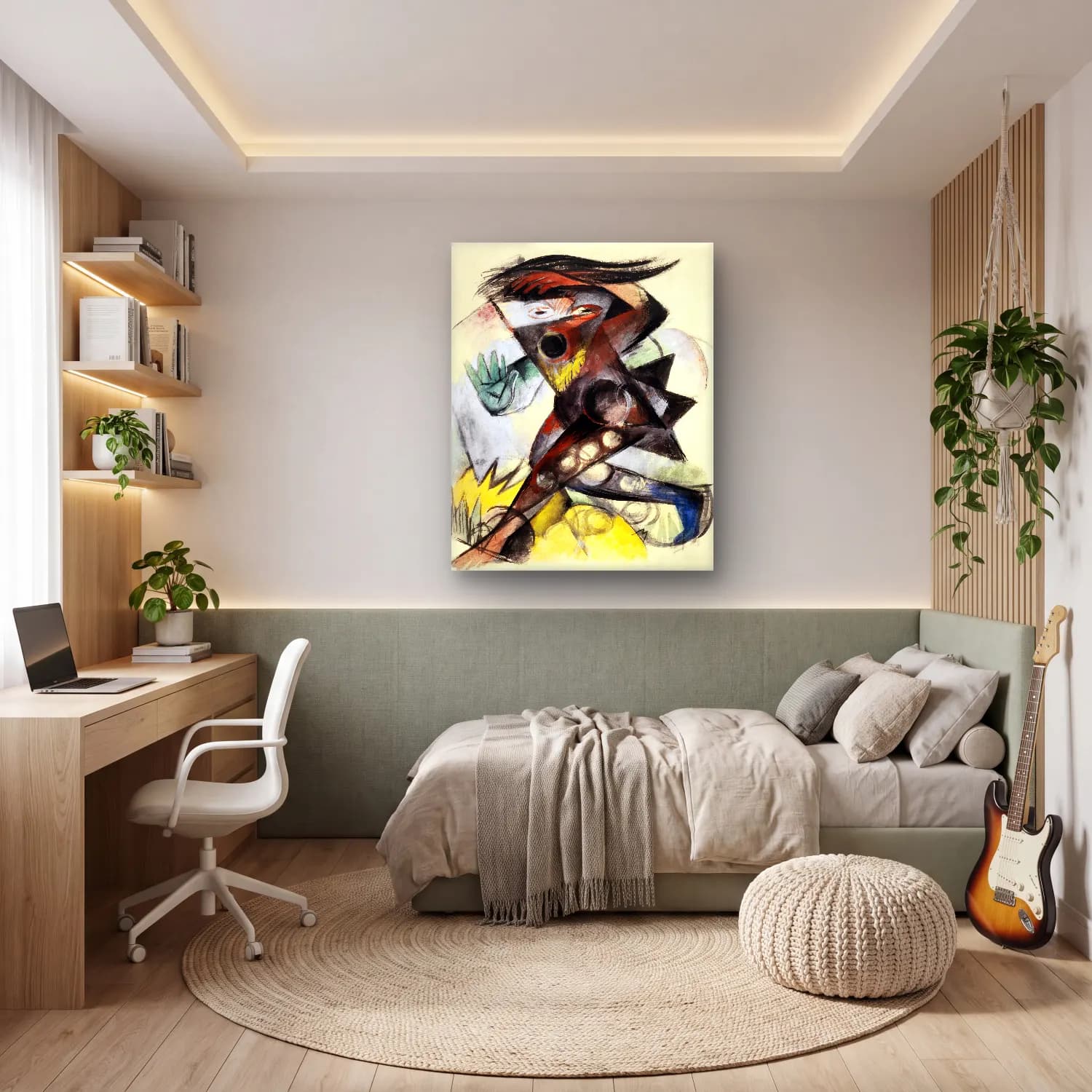Modern Soyut Yüz No. 5 cam tablo — genç odasında