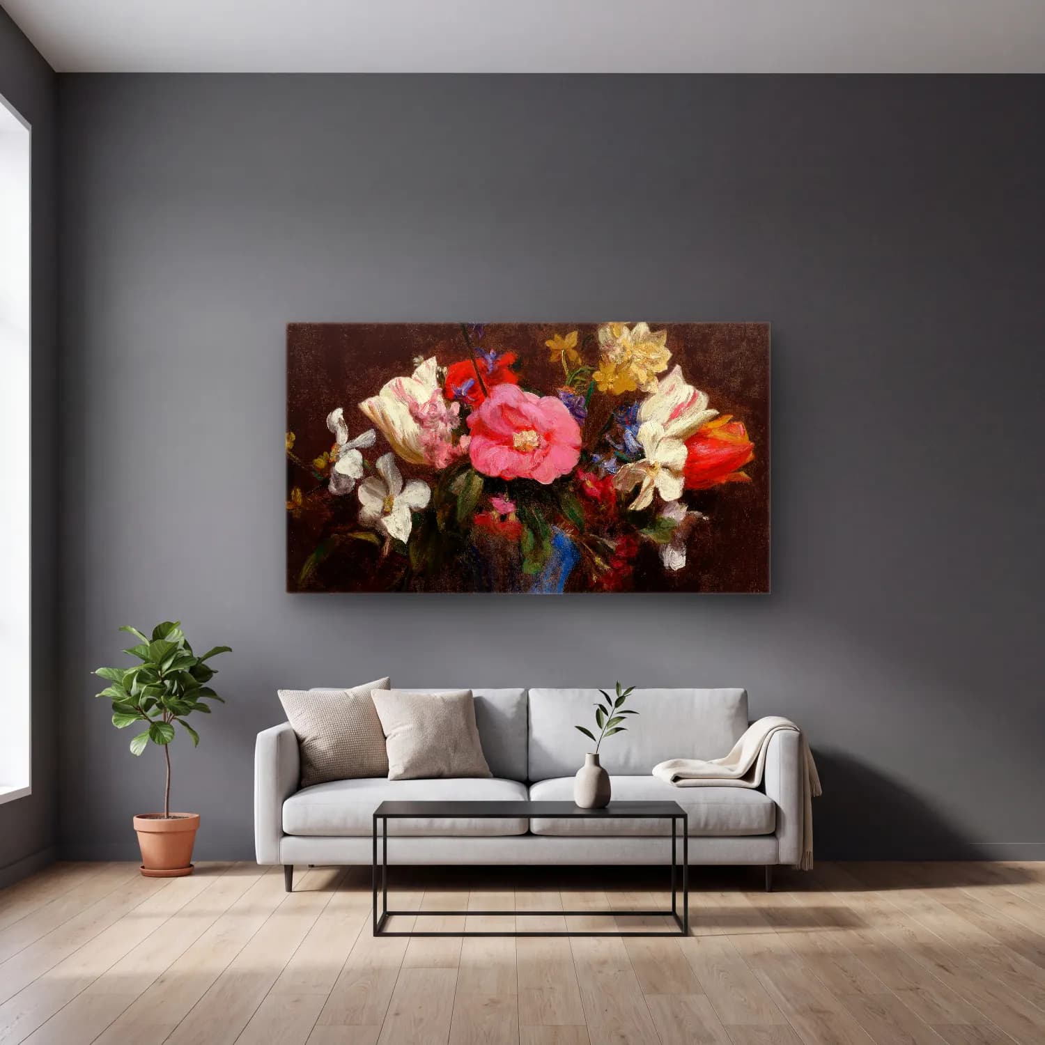 Henri Fantin-Latour – Fleurs, camélias et tulipes cam tablo — gri duvarlı salonda
