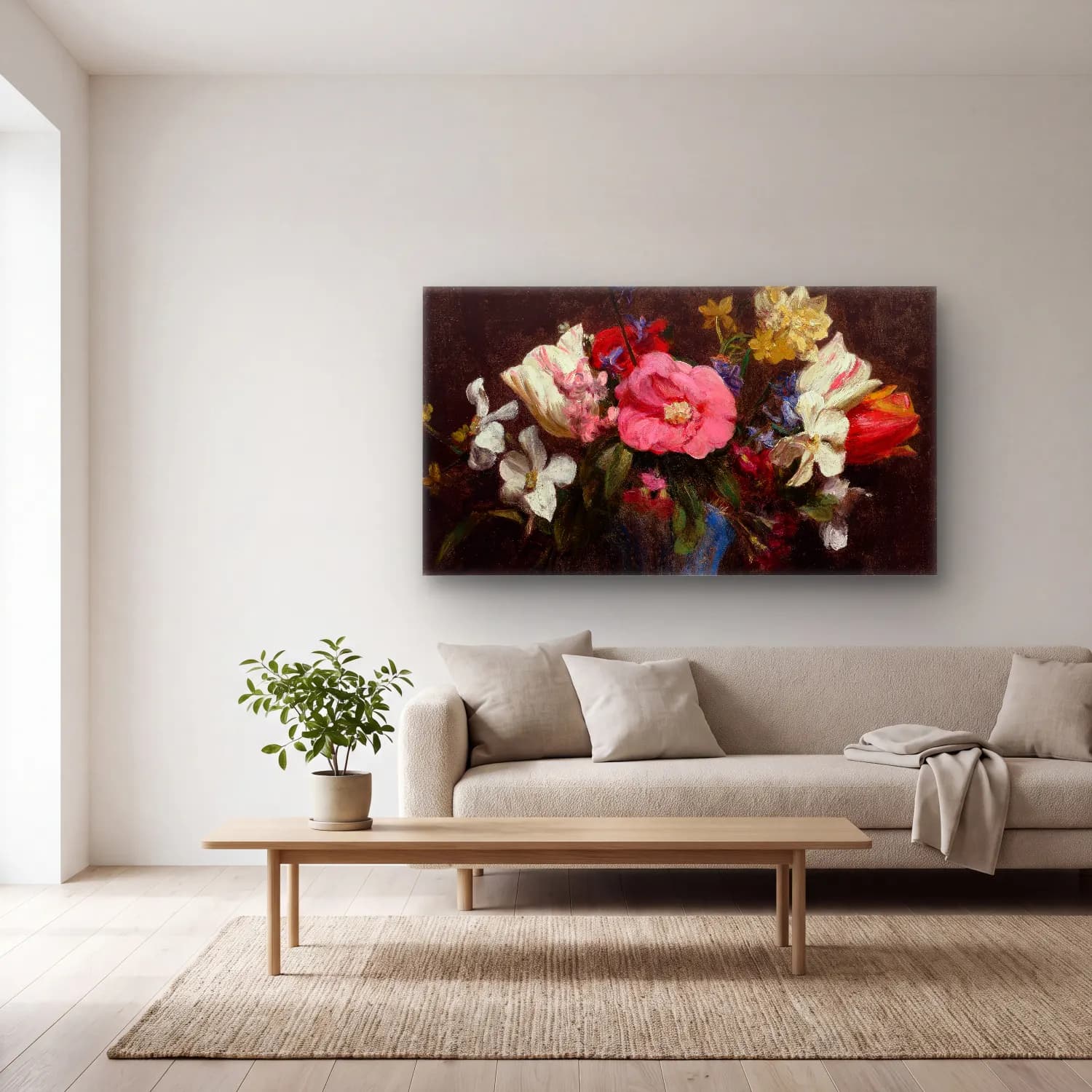 Henri Fantin-Latour – Fleurs, camélias et tulipes cam tablo — açık renk salonda