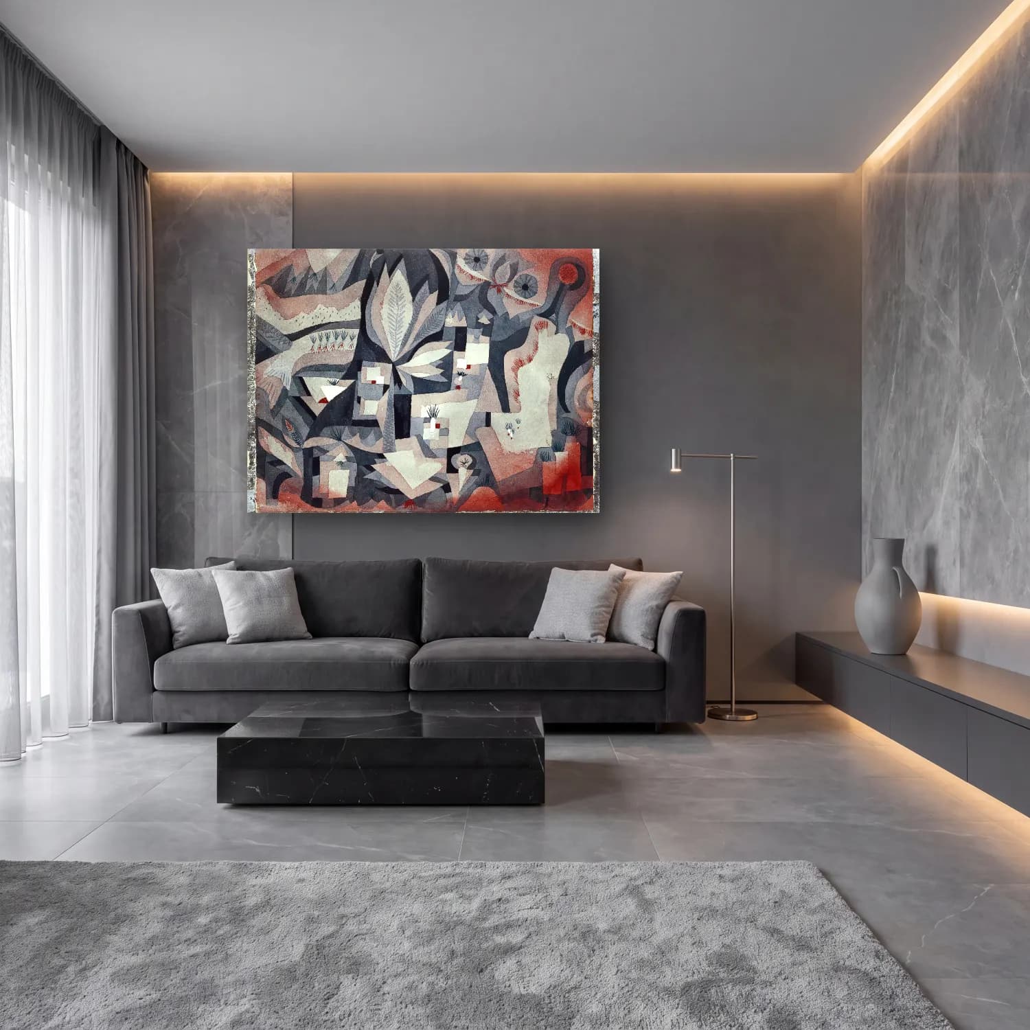 Modern Soyut Mitolojik Sahne – Siyah Beyaz Tonlar cam tablo — lüks salon duvarında