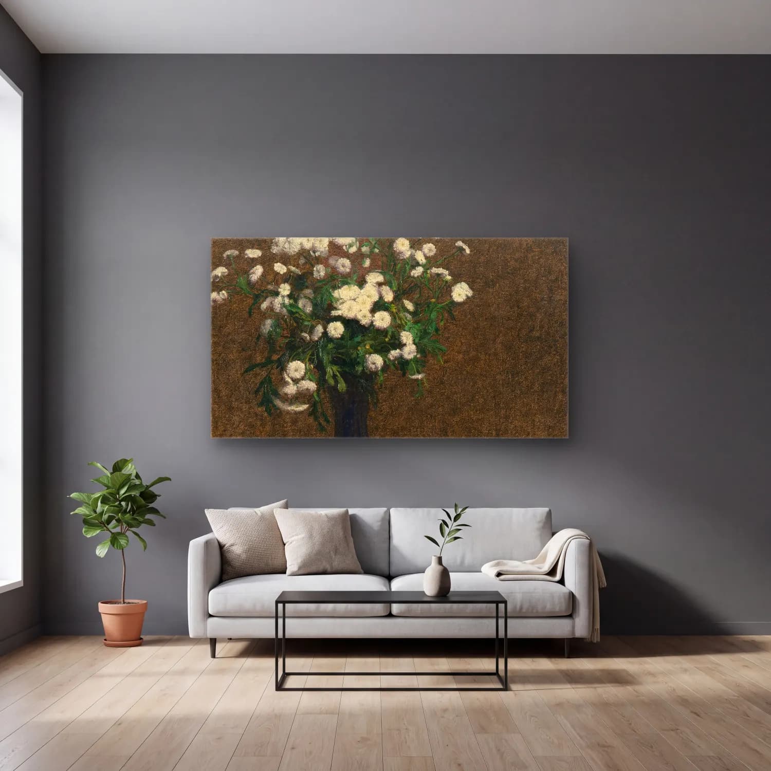Henri Fantin-Latour – Fleurs camomille et dahlias cam tablo — gri duvarlı salonda