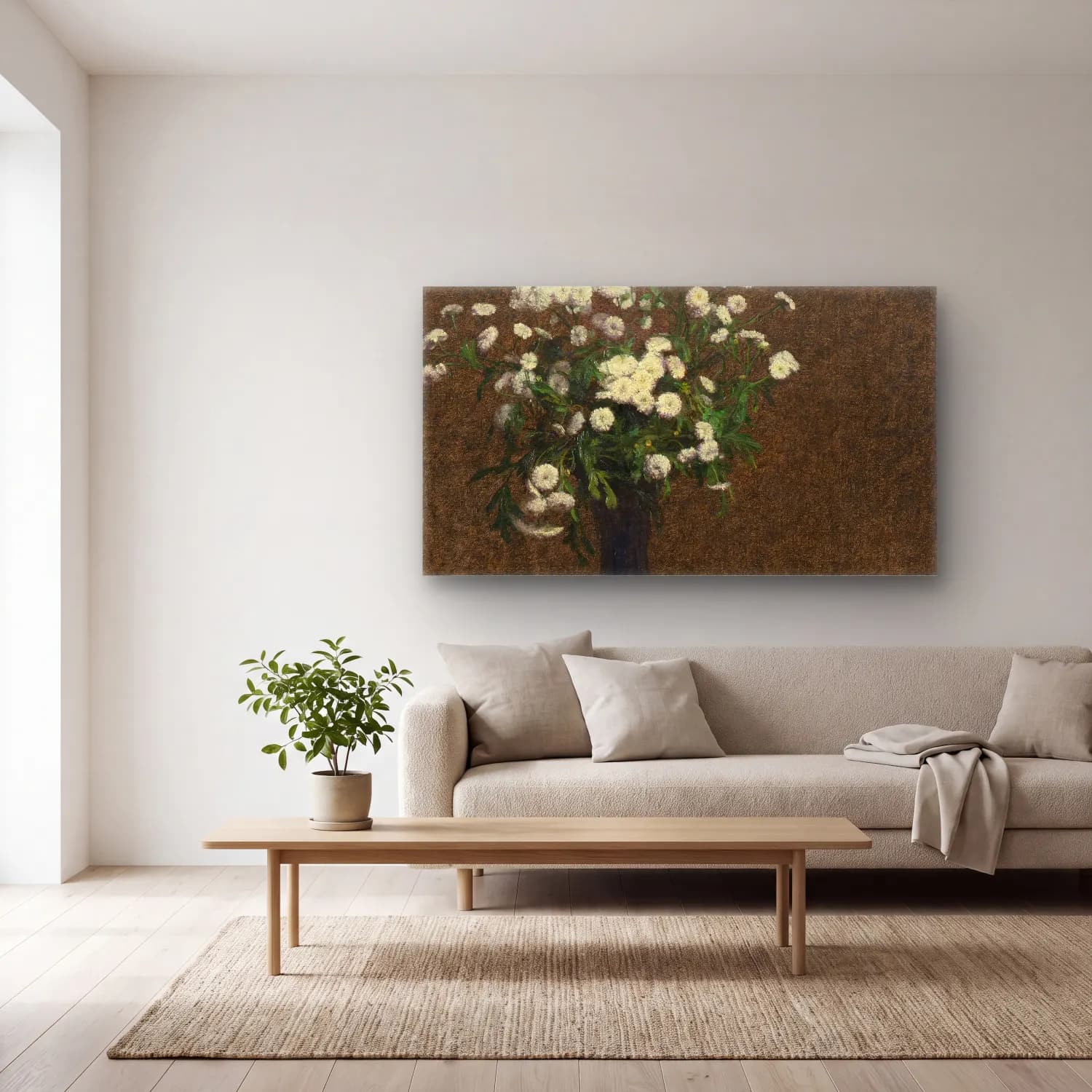 Henri Fantin-Latour – Fleurs camomille et dahlias cam tablo — açık renk salonda