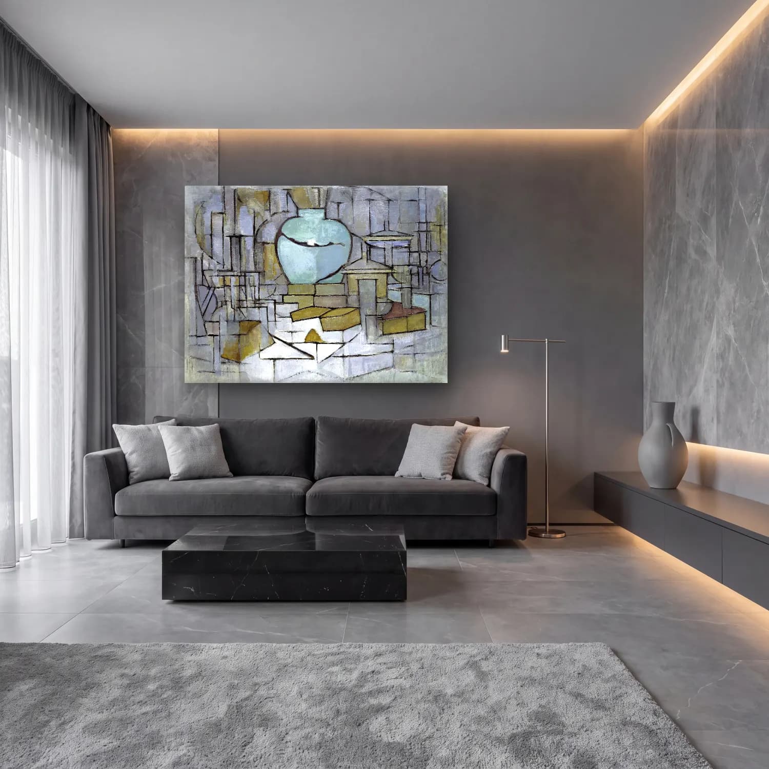 Modern Soyut Vazo – Bej Tonlar cam tablo — lüks salon duvarında