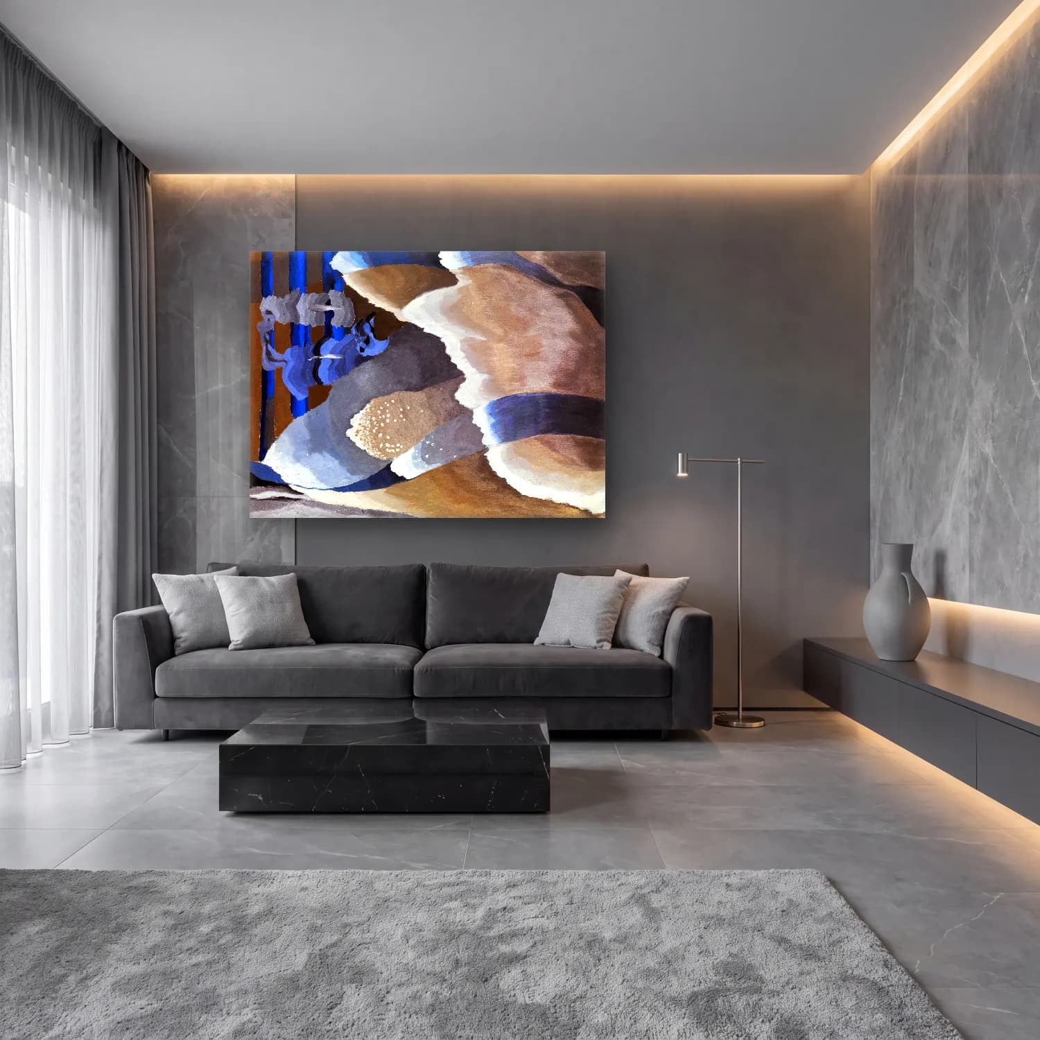 Modern Soyut Figür Çalışması No. 3 cam tablo — lüks salon duvarında