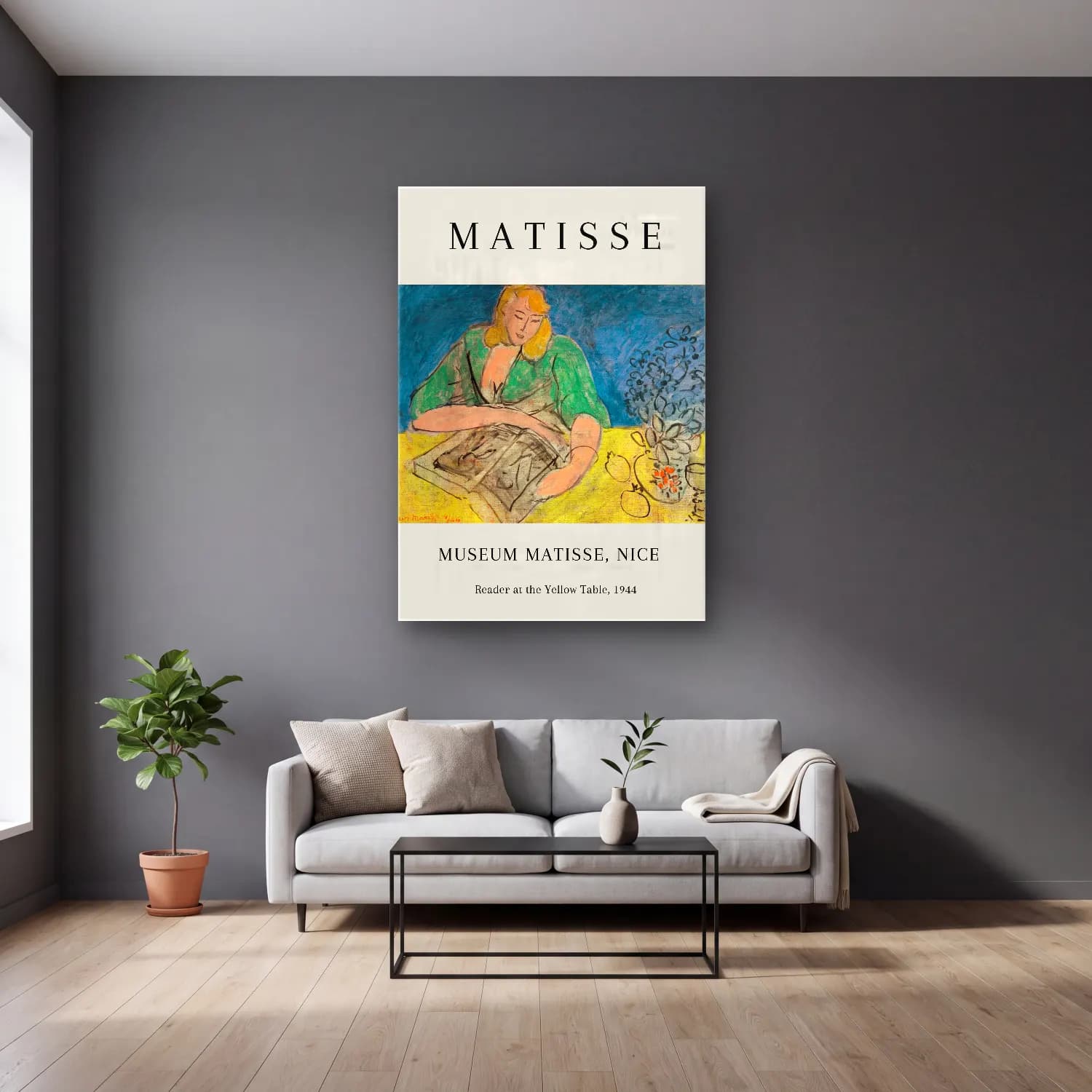 Vintage Poster Kitap Okuyan Kadın No. 15 cam tablo — gri duvarlı salonda