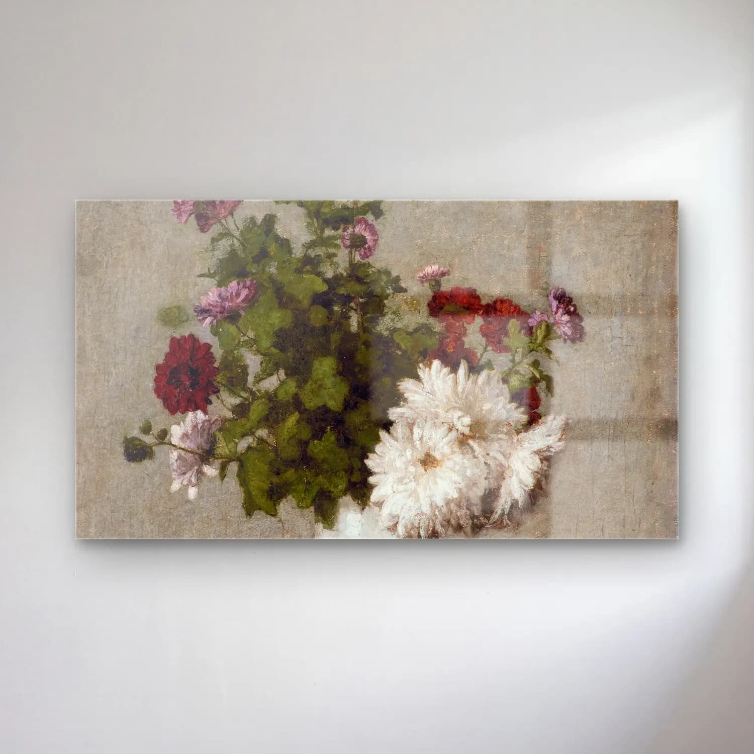 Henri Fantin-Latour – Flower Still Life, Autumn Chrysanthemums In A White Vase cam tablo — Henri Fantin-Latour – Flower Still Life, Autumn Chrysanthemums In A White Vase — empresyonist vazoda çiçek buketi