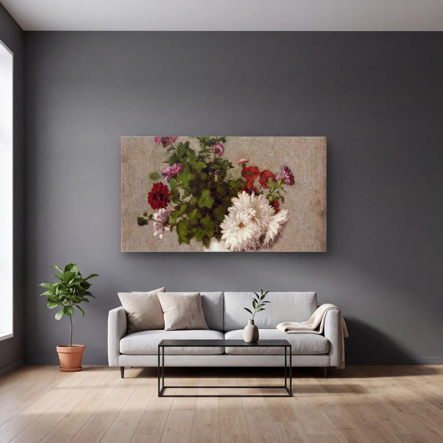 Henri Fantin-Latour – Flower Still Life, Autumn Chrysanthemums In A White Vase cam tablo — gri duvarlı salonda