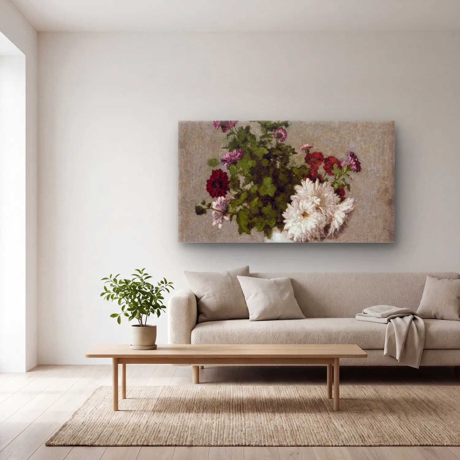 Henri Fantin-Latour – Flower Still Life, Autumn Chrysanthemums In A White Vase cam tablo — açık renk salonda