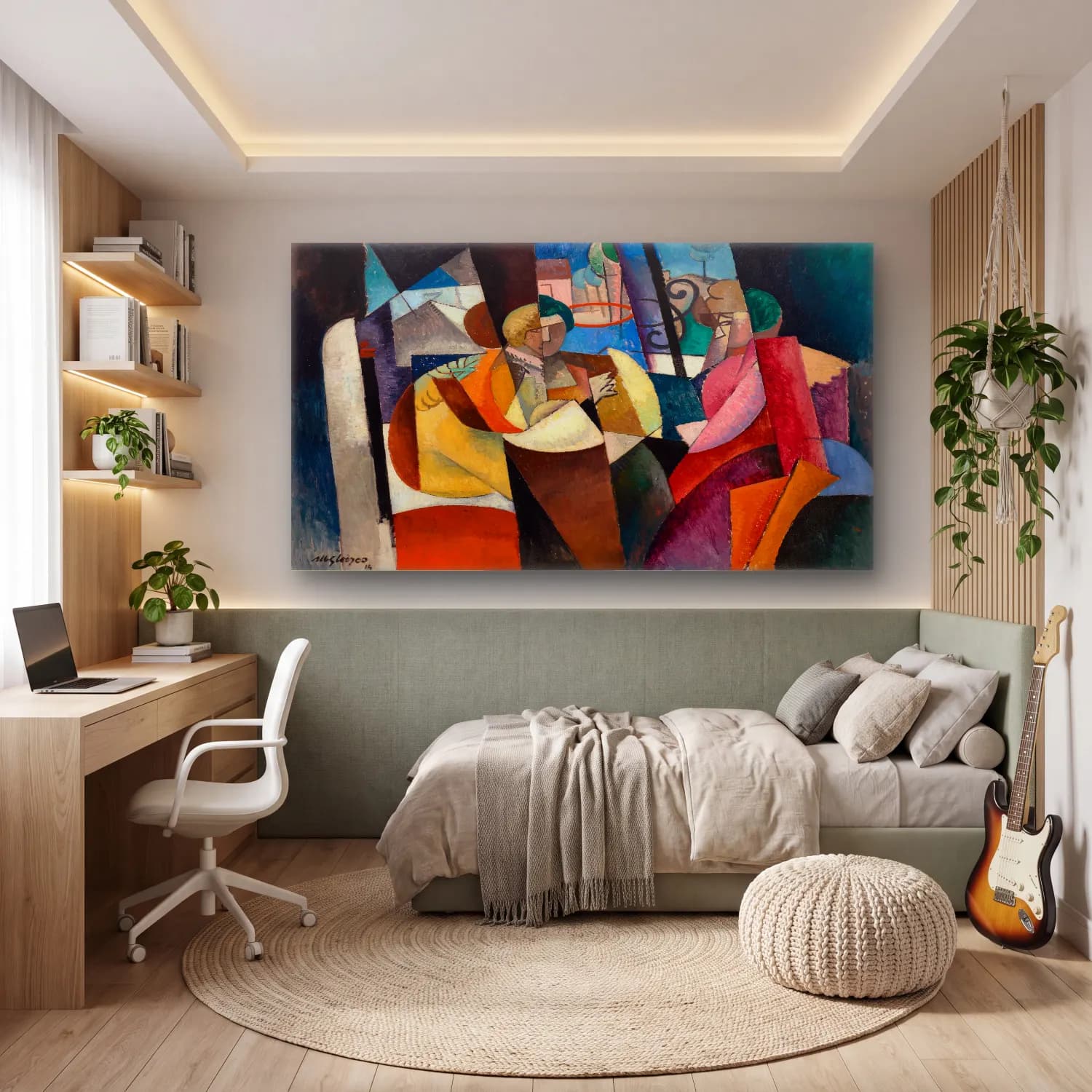 Modern Soyut Aşıklar No. 6 cam tablo — genç odasında