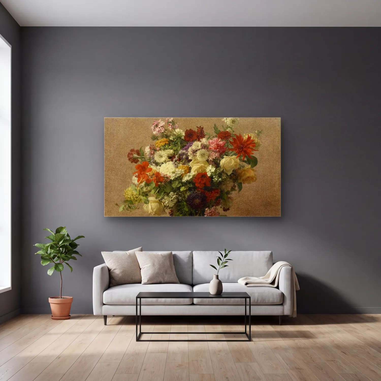 Henri Fantin-Latour – Flowers from Normandy cam tablo — gri duvarlı salonda