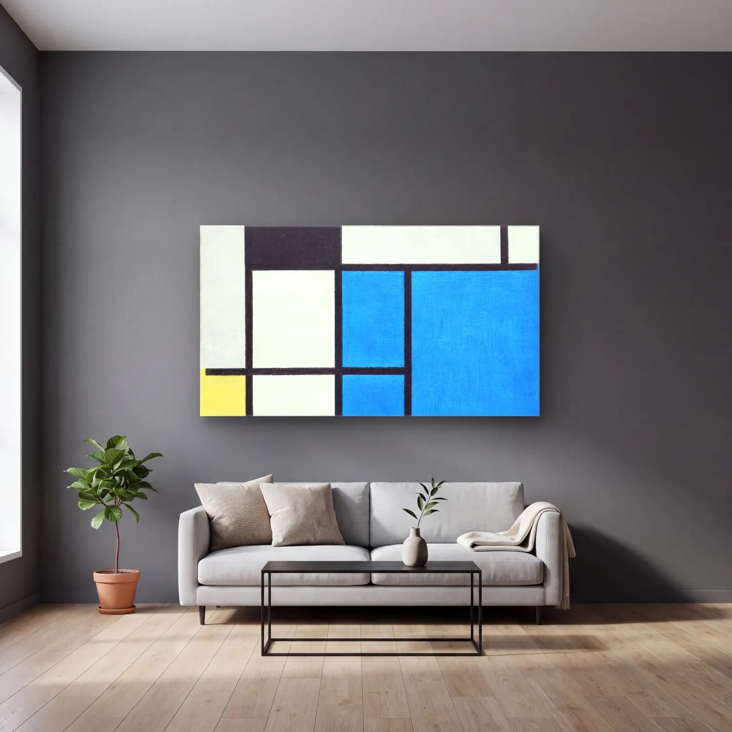 Piet Mondrian – Composition with Large Blue Plane, Red, Black, Yellow, and… cam tablo — gri duvarlı salonda