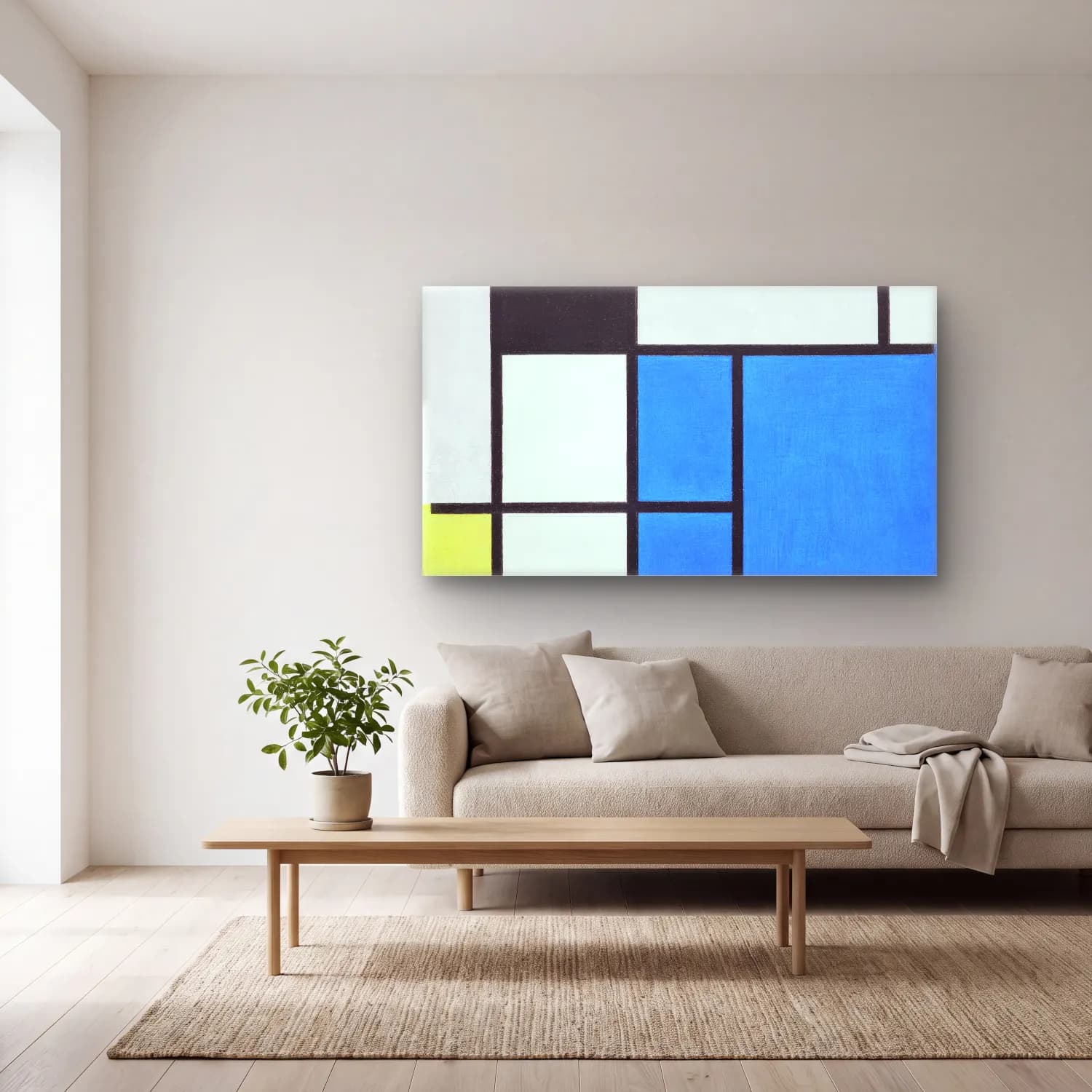 Piet Mondrian – Composition with Large Blue Plane, Red, Black, Yellow, and… cam tablo — açık renk salonda