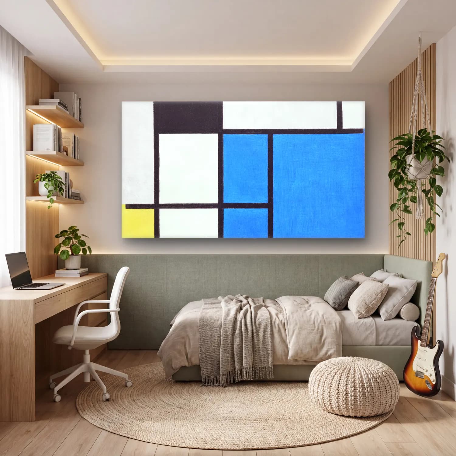 Piet Mondrian – Composition with Large Blue Plane, Red, Black, Yellow, and… cam tablo — genç odasında