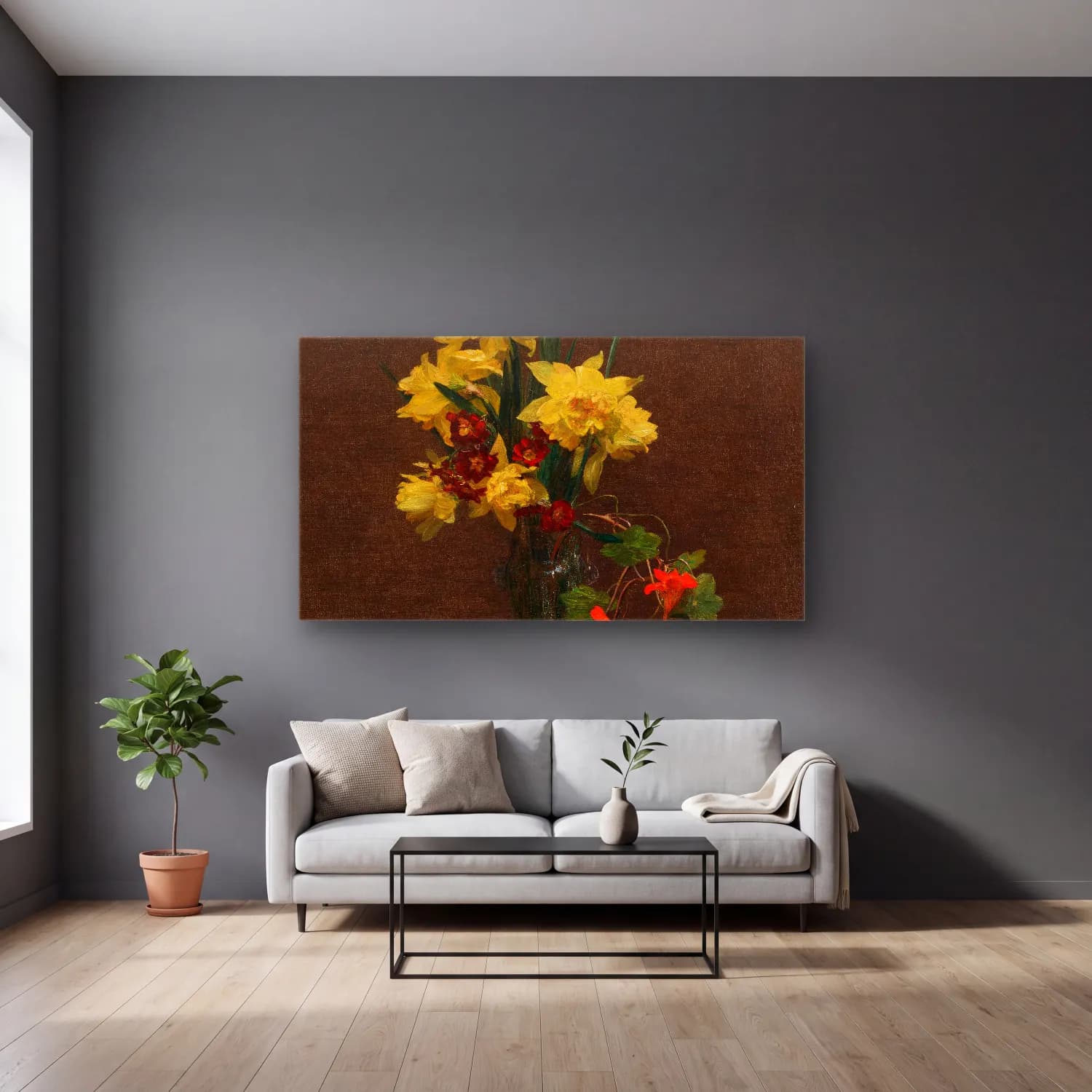 Henri Fantin-Latour – Jonquilles et capucines cam tablo — gri duvarlı salonda