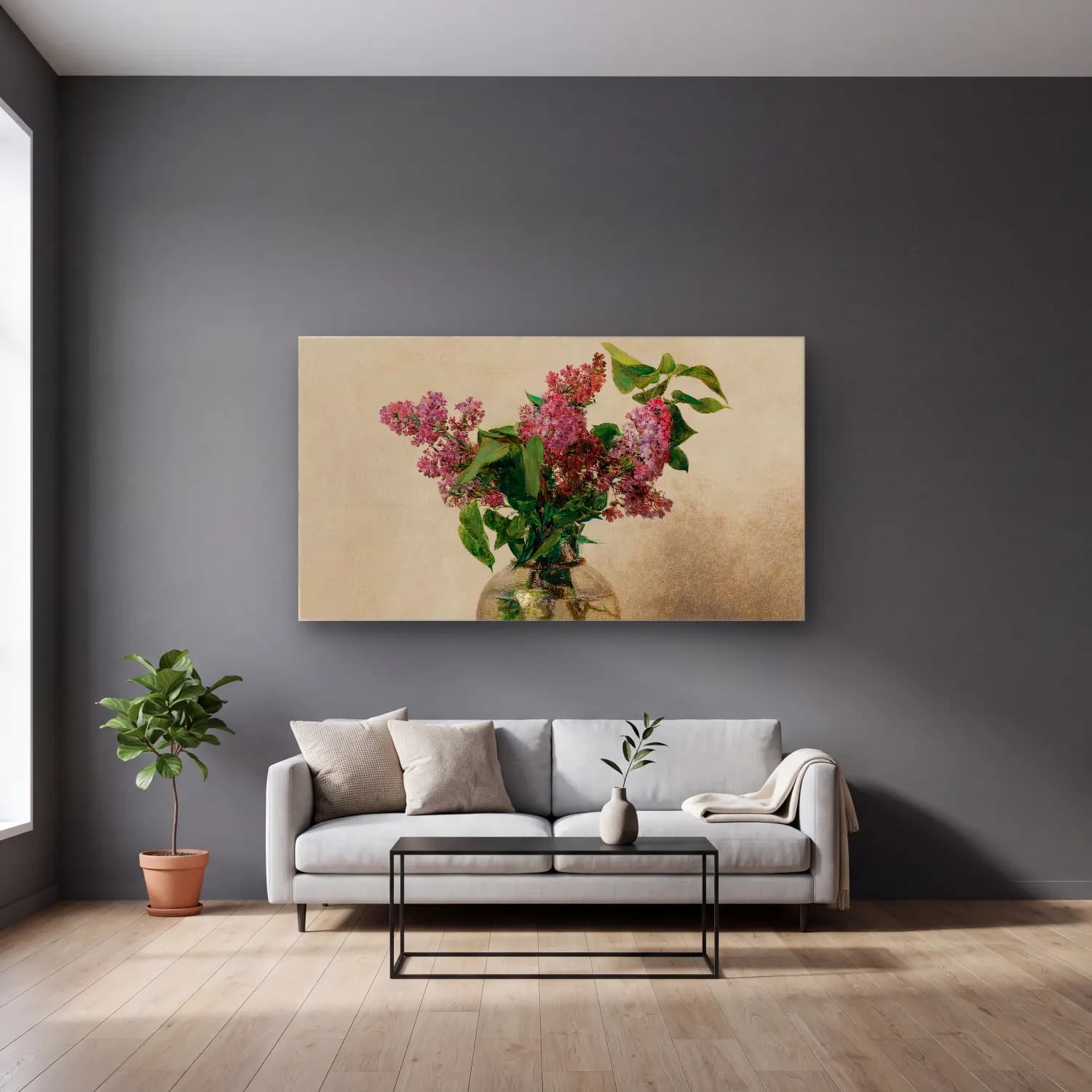 Henri Fantin-Latour – Lilas cam tablo — gri duvarlı salonda