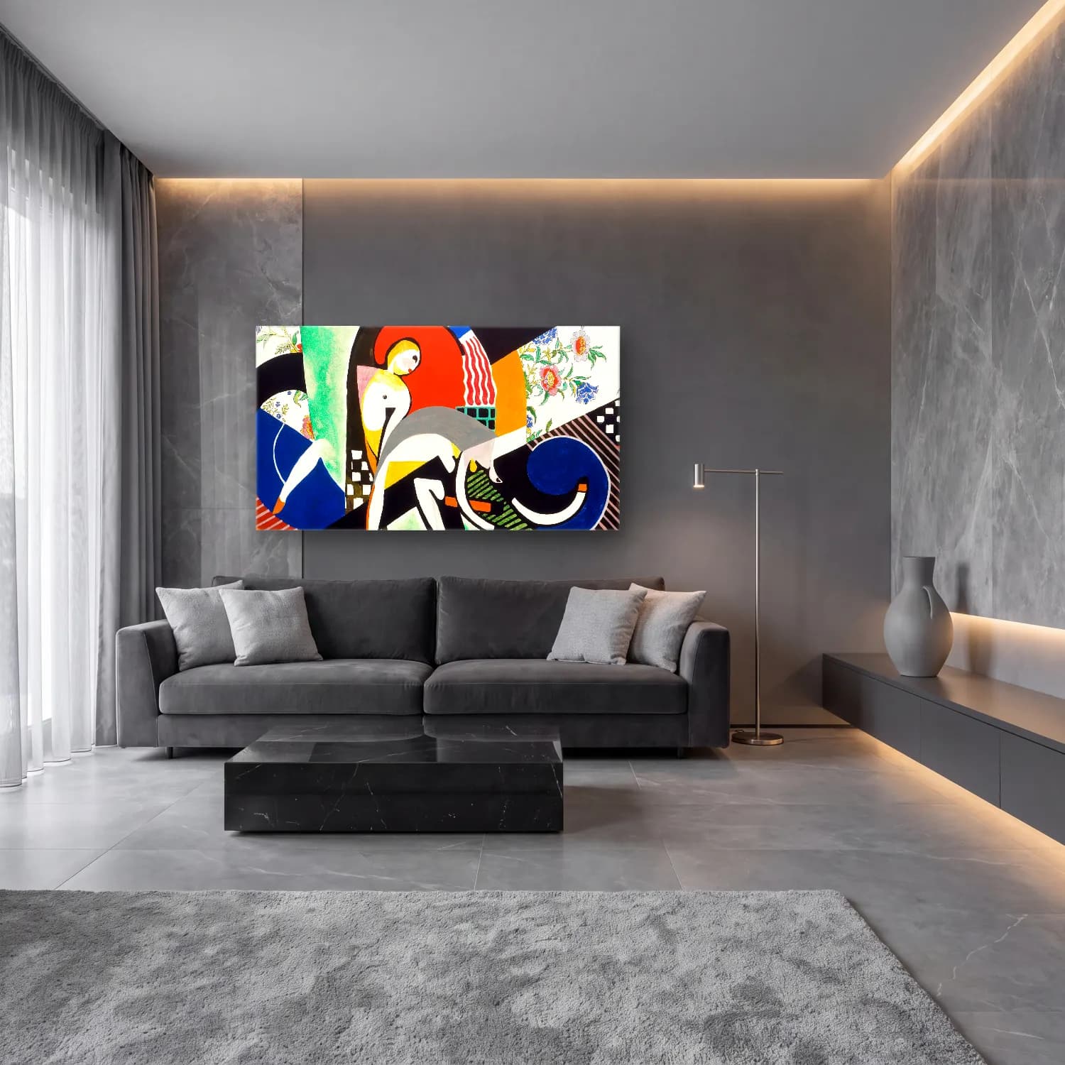 Modern Soyut Figür Çalışması No. 4 cam tablo — lüks salon duvarında