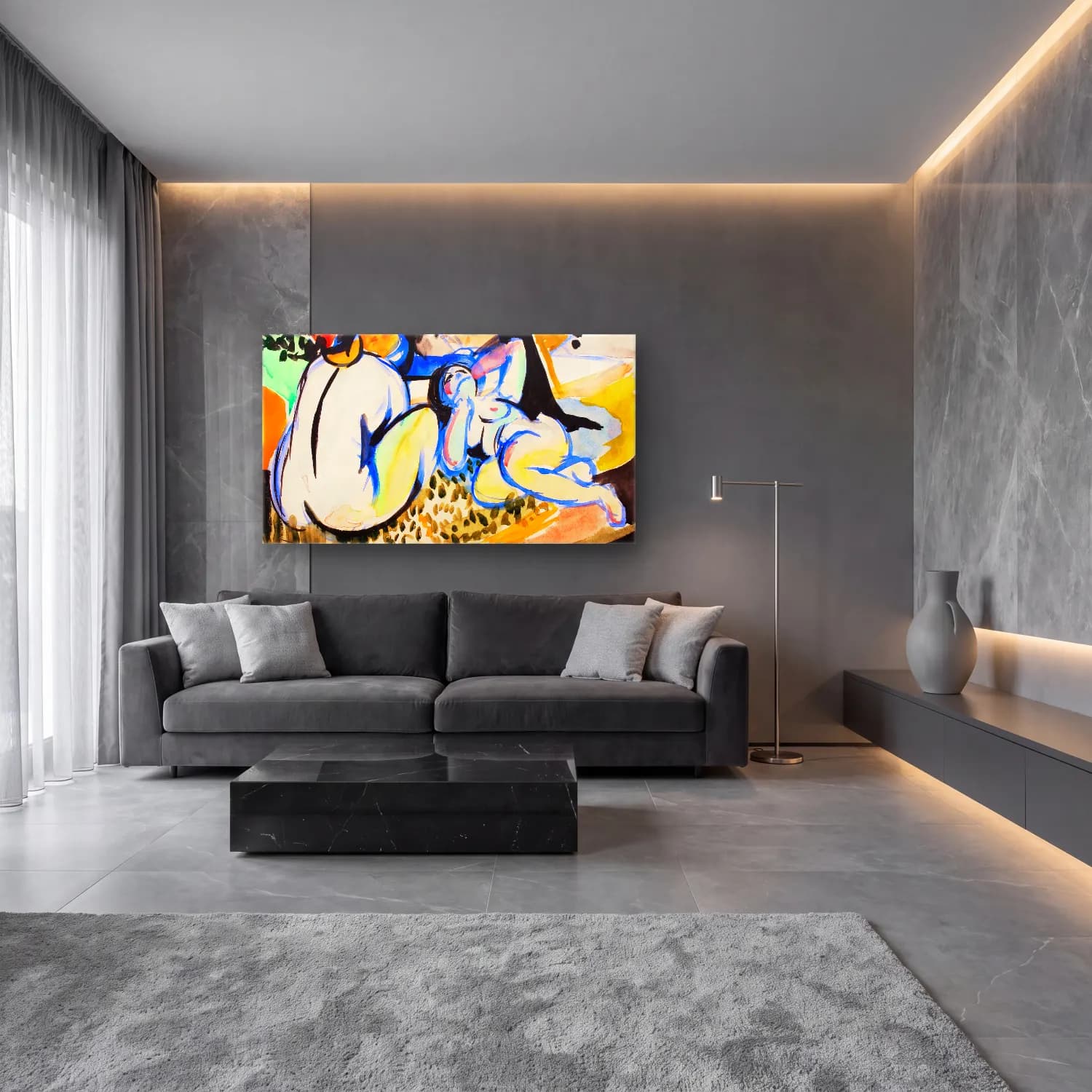 Modern Soyut Aşıklar No. 8 cam tablo — lüks salon duvarında