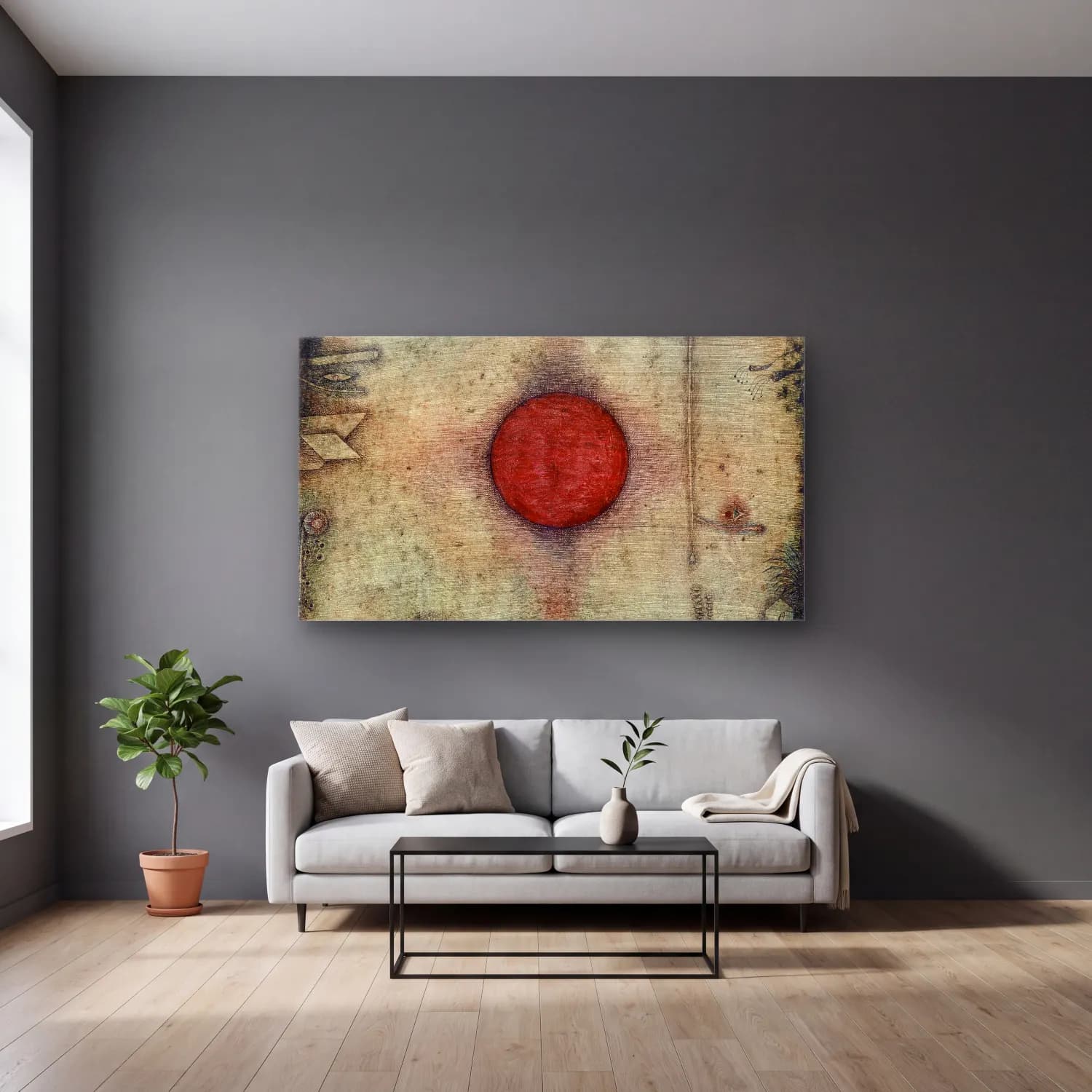 Paul Klee – Ad marginem – Kırmızı Tonlar cam tablo — gri duvarlı salonda