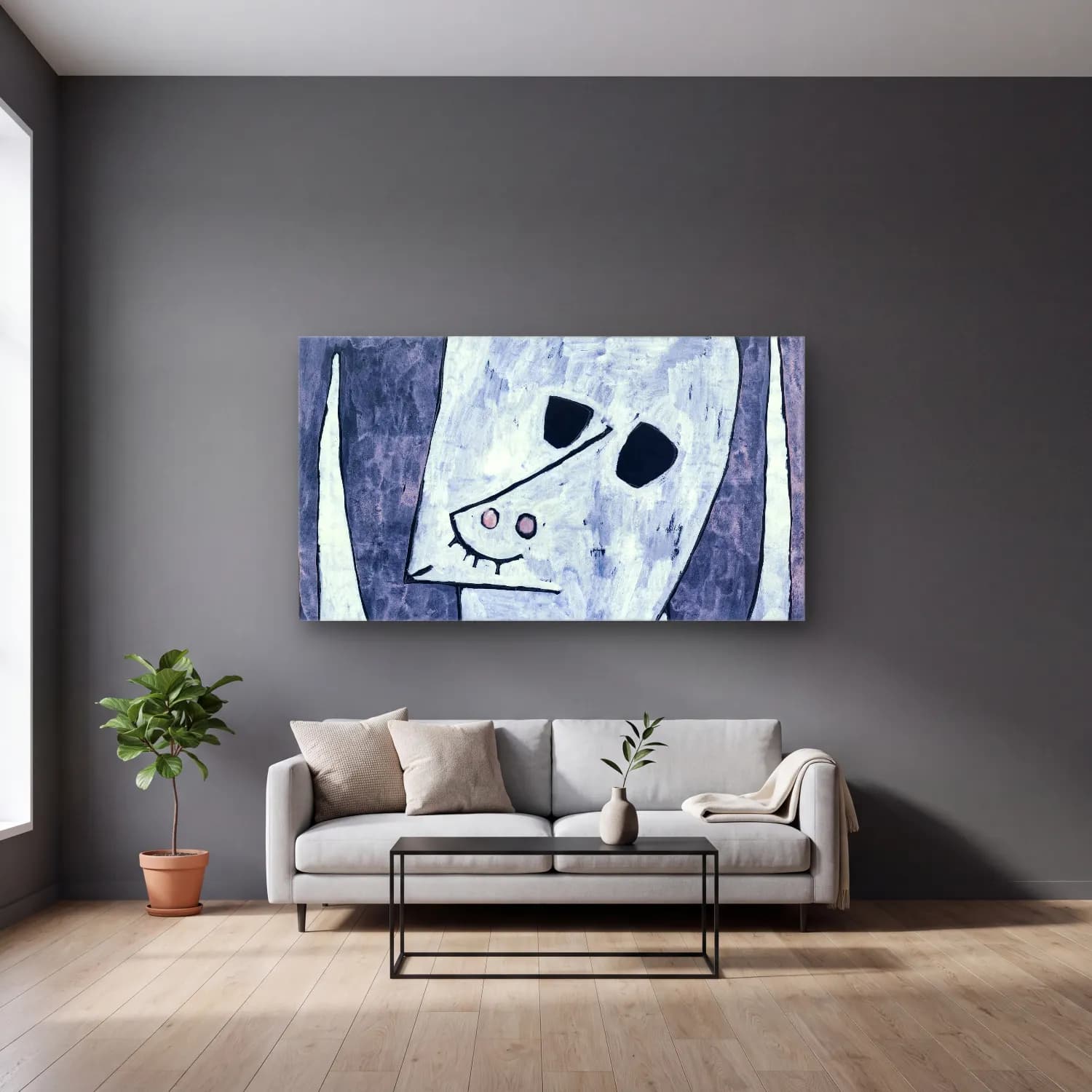 Paul Klee – Angel Applicant – Siyah Beyaz Tonlar cam tablo — gri duvarlı salonda