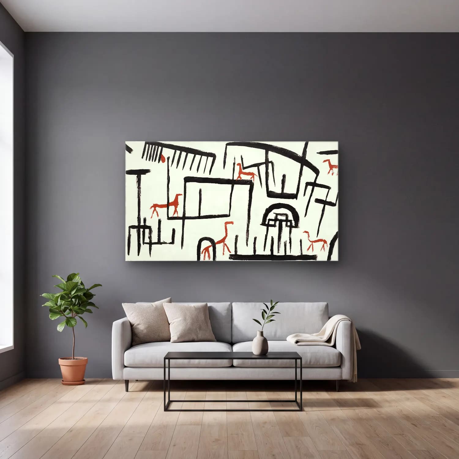 Paul Klee – Animals in an Enclosure – Siyah Beyaz Tonlar cam tablo — gri duvarlı salonda
