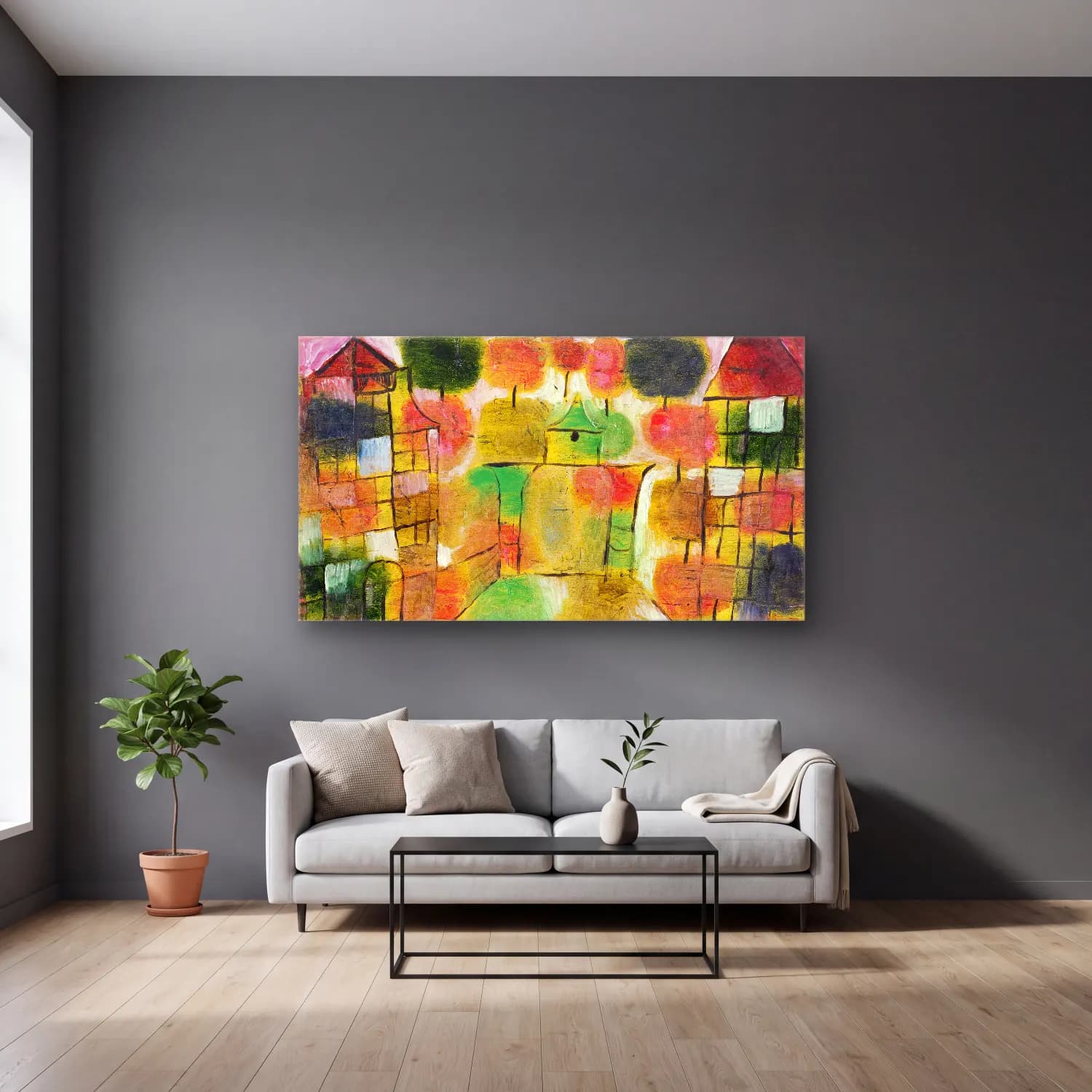 Paul Klee – Baum und Architektur–Rhythmen (Tree and… – Sarı Tonlar cam tablo — gri duvarlı salonda