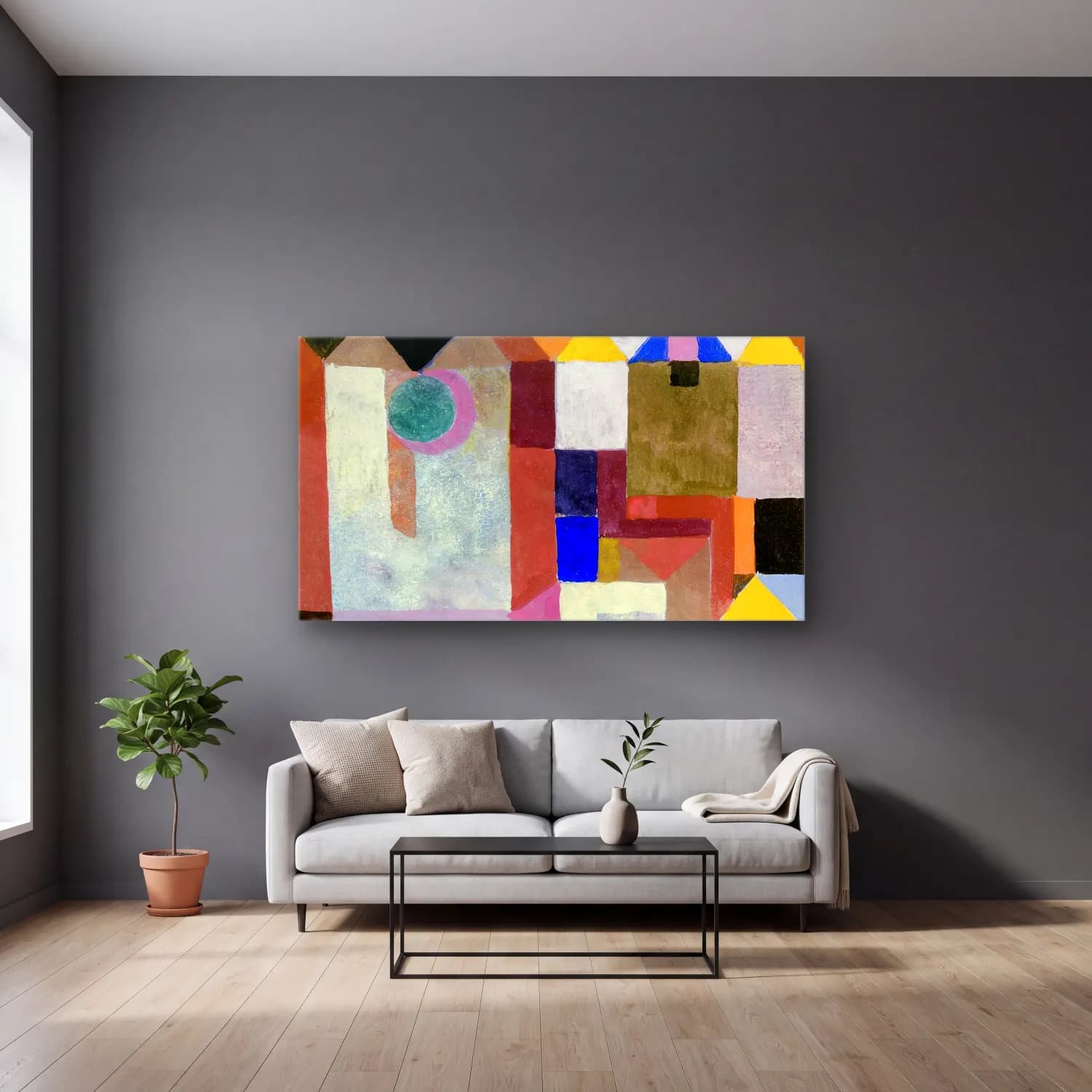 Paul Klee – Colorful Architecture – Bej Tonlar cam tablo — gri duvarlı salonda