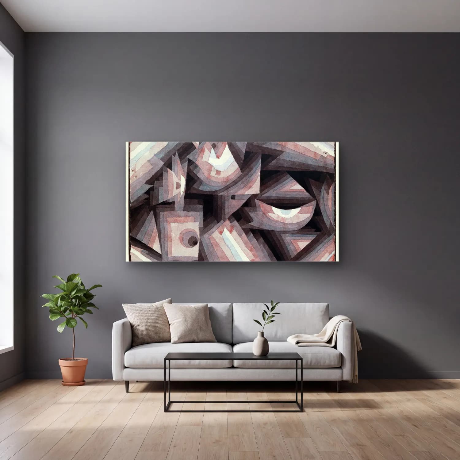 Paul Klee – Crystal gradation cam tablo — gri duvarlı salonda