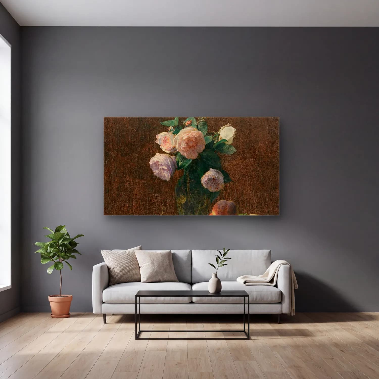 Henri Fantin-Latour – Nature Morte Vase De Roses, Pêches Et Raisins cam tablo — gri duvarlı salonda