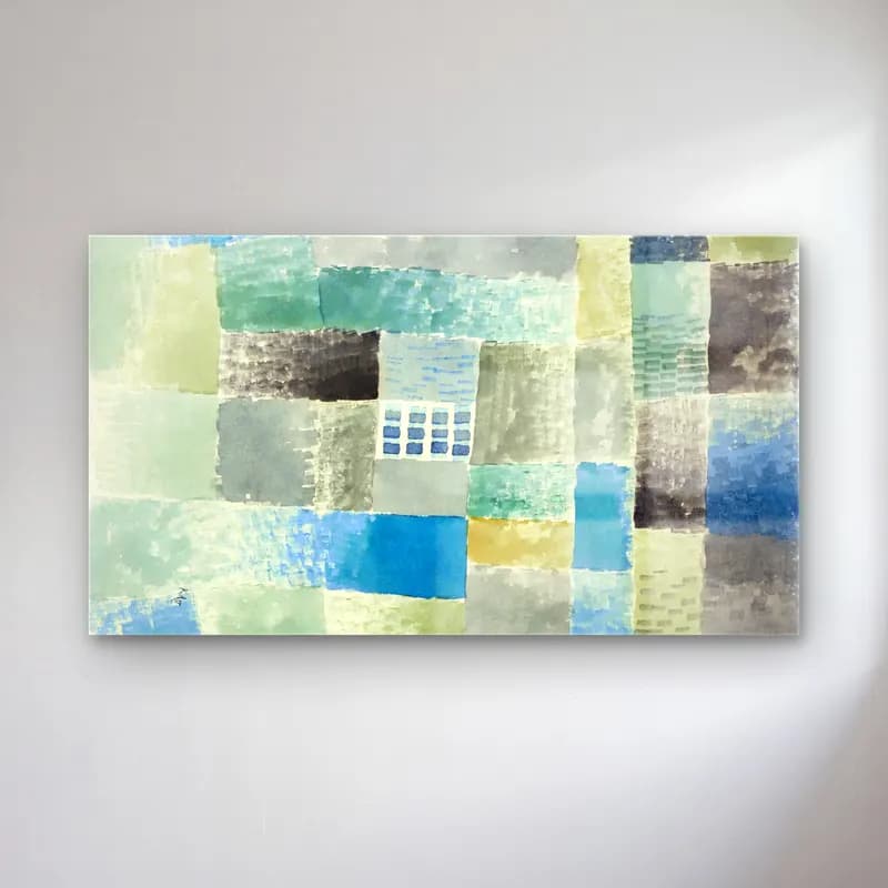 Paul Klee – First house in a settlement – Mavi Tonlar cam tablo — Paul Klee – First house in a settlement – Mavi Tonlar — modern soyut renk alanları